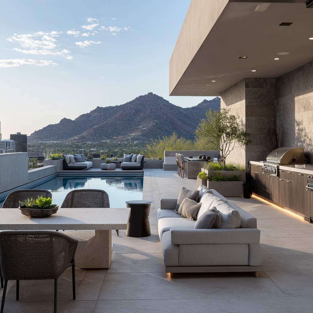 Luxury short term rental home with outdoor kitchen set up at sunset
