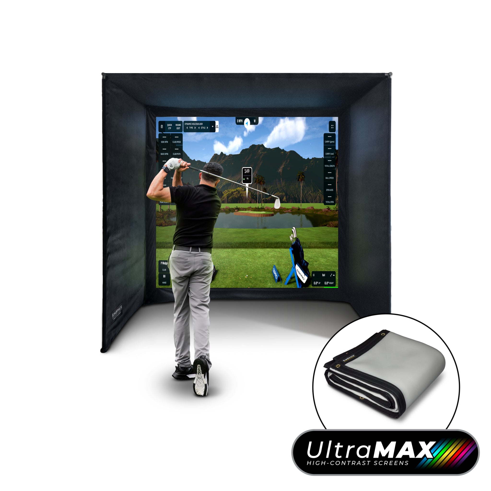 SimSpace UltraMAX golf simulator enclosure with high-contrast grey impact screen, SIM 1 size for immersive indoor golf simulator practice