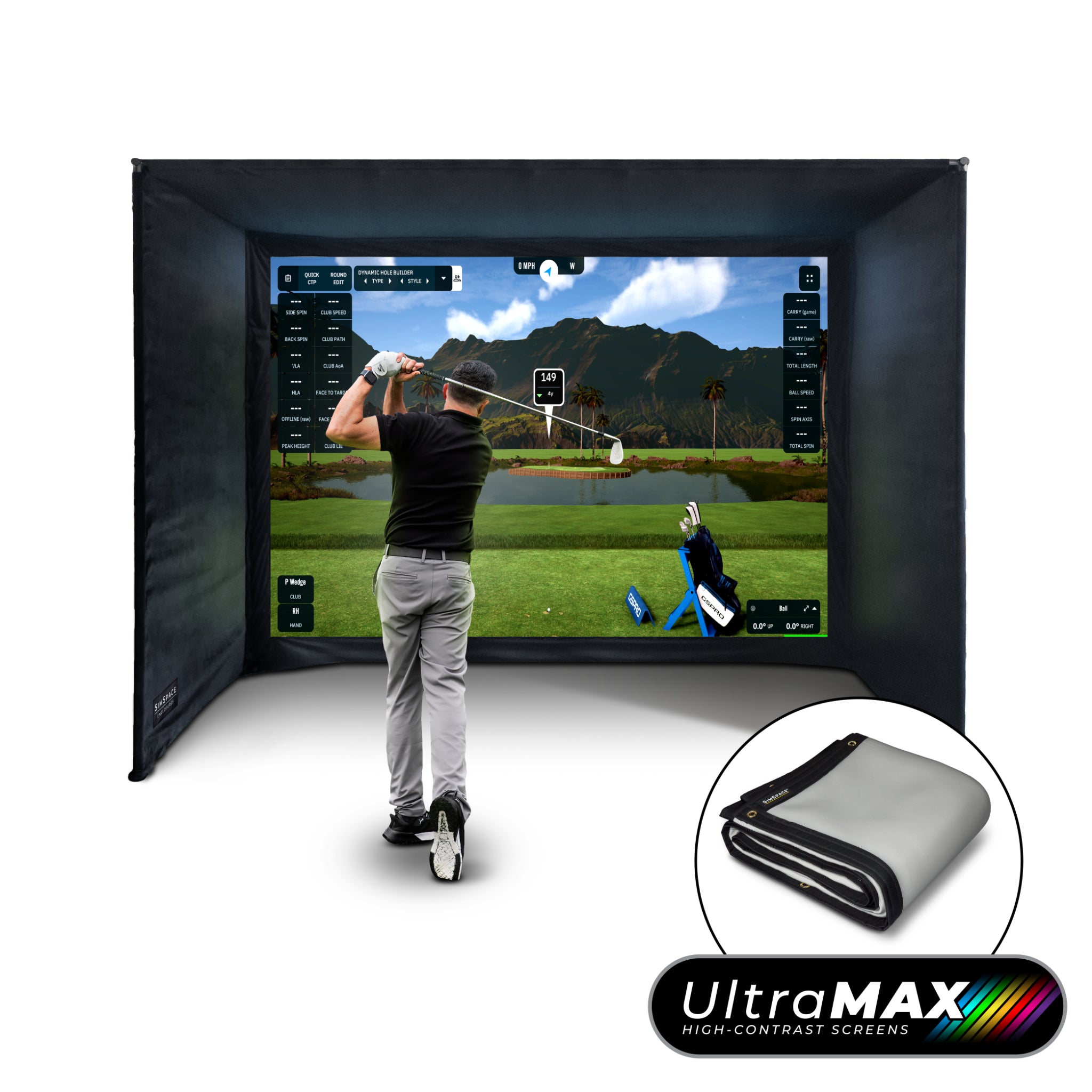 SimSpace UltraMAX golf simulator enclosure featuring UltraMAX grey impact screen, SIM 3 size for indoor golf practice