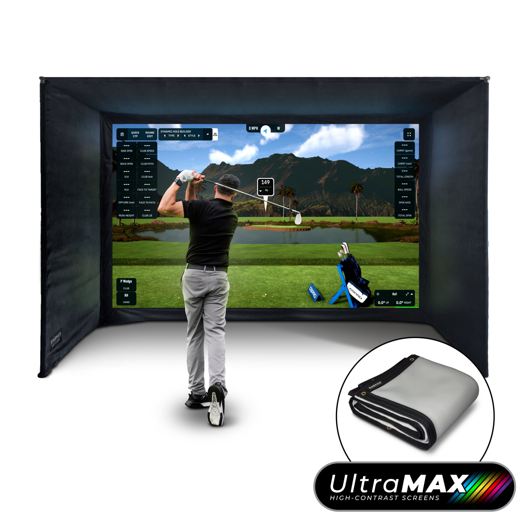 SimSpace UltraMAX golf simulator enclosure with premium grey impact screen, SIM 4 size for dedicated golf simulator rooms