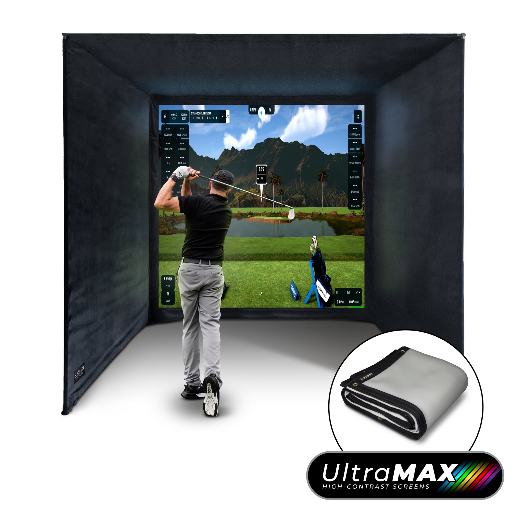 SimSpace UltraMAX golf simulator enclosure with high-contrast projection screen, SIM 5 cube design for indoor golf simulators