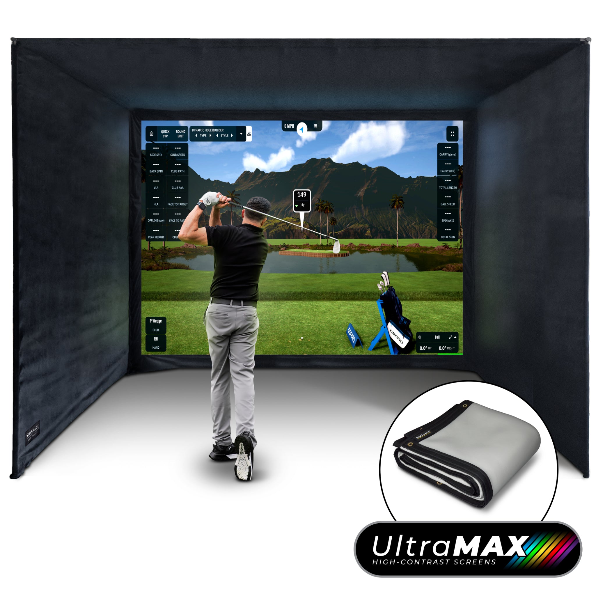 SimSpace UltraMAX golf simulator enclosure with grey impact screen, SIM 6 size for premium home golf simulator setups