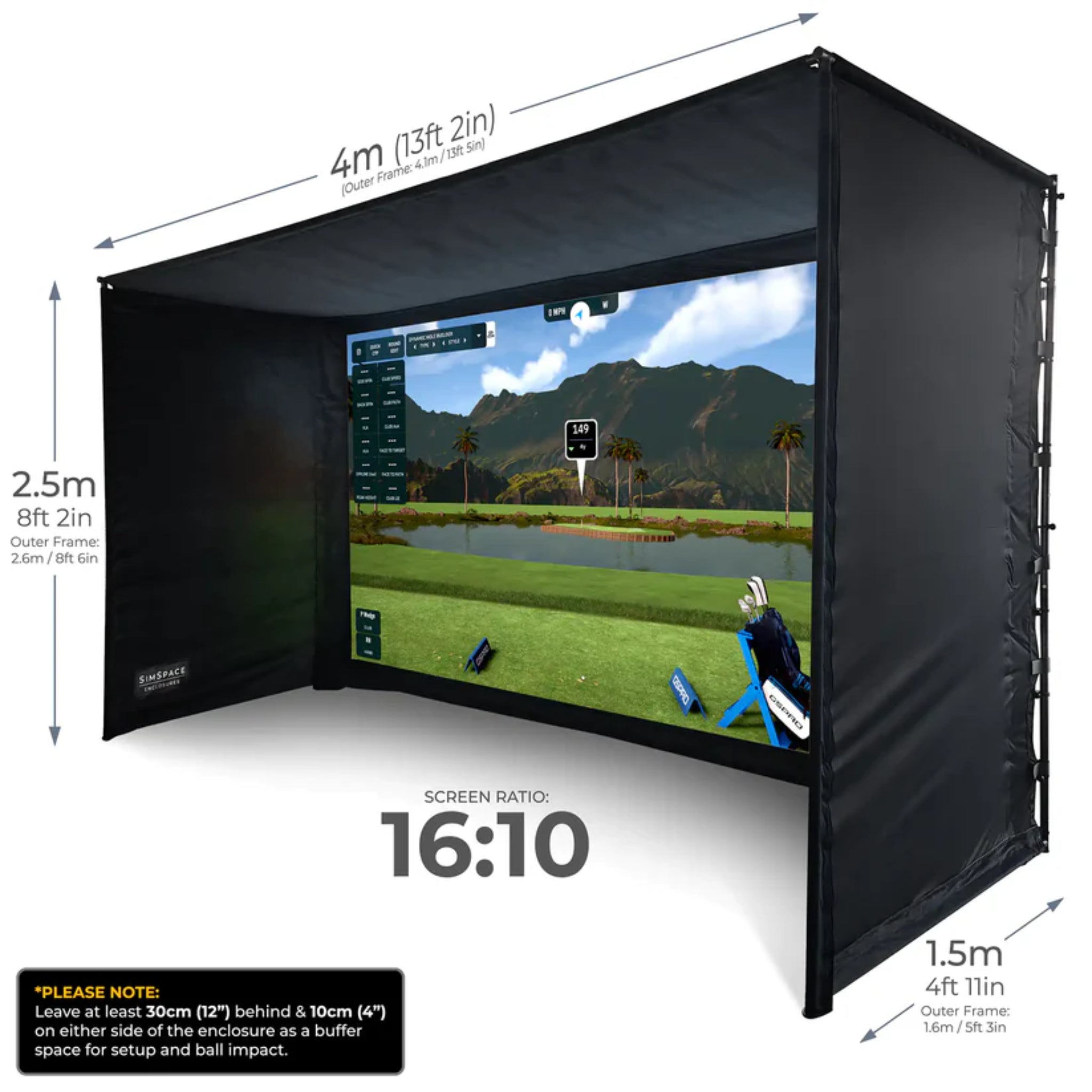 SimSpace Elite golf enclosure SIM 4 dimensions with widescreen 16:10 impact screen configuration