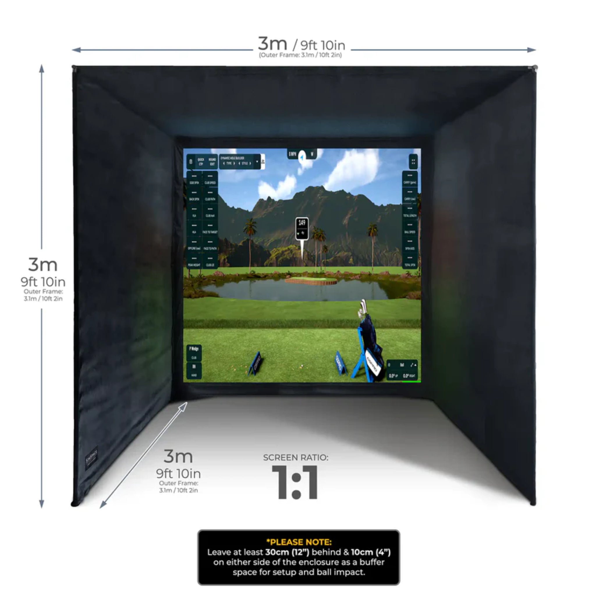 SimSpace Elite golf enclosure SIM 5 dimensions with square 1:1 screen for compact golf simulator setups