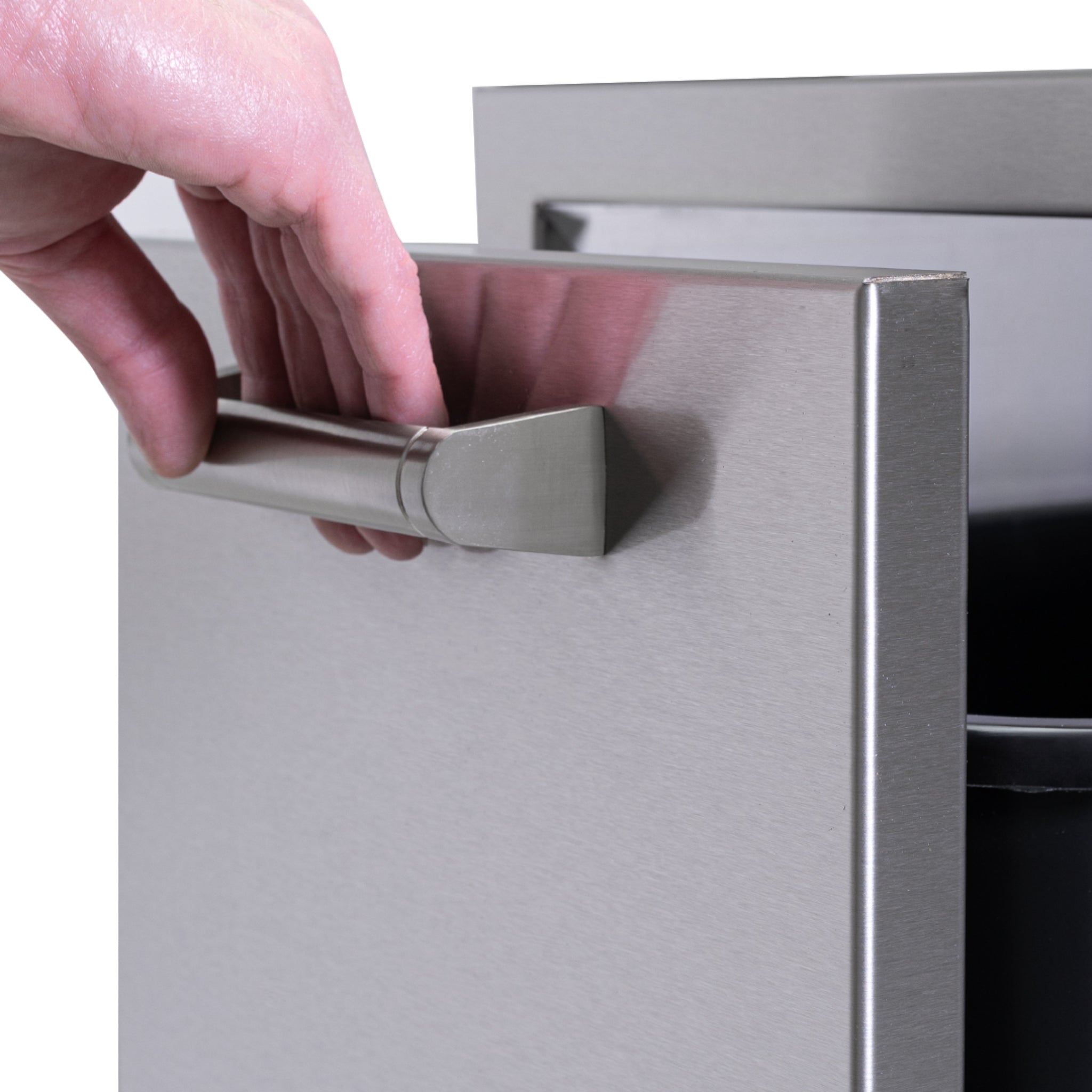 Close up details of 13" Built-in Trash Roll Out drawer in stainless steel