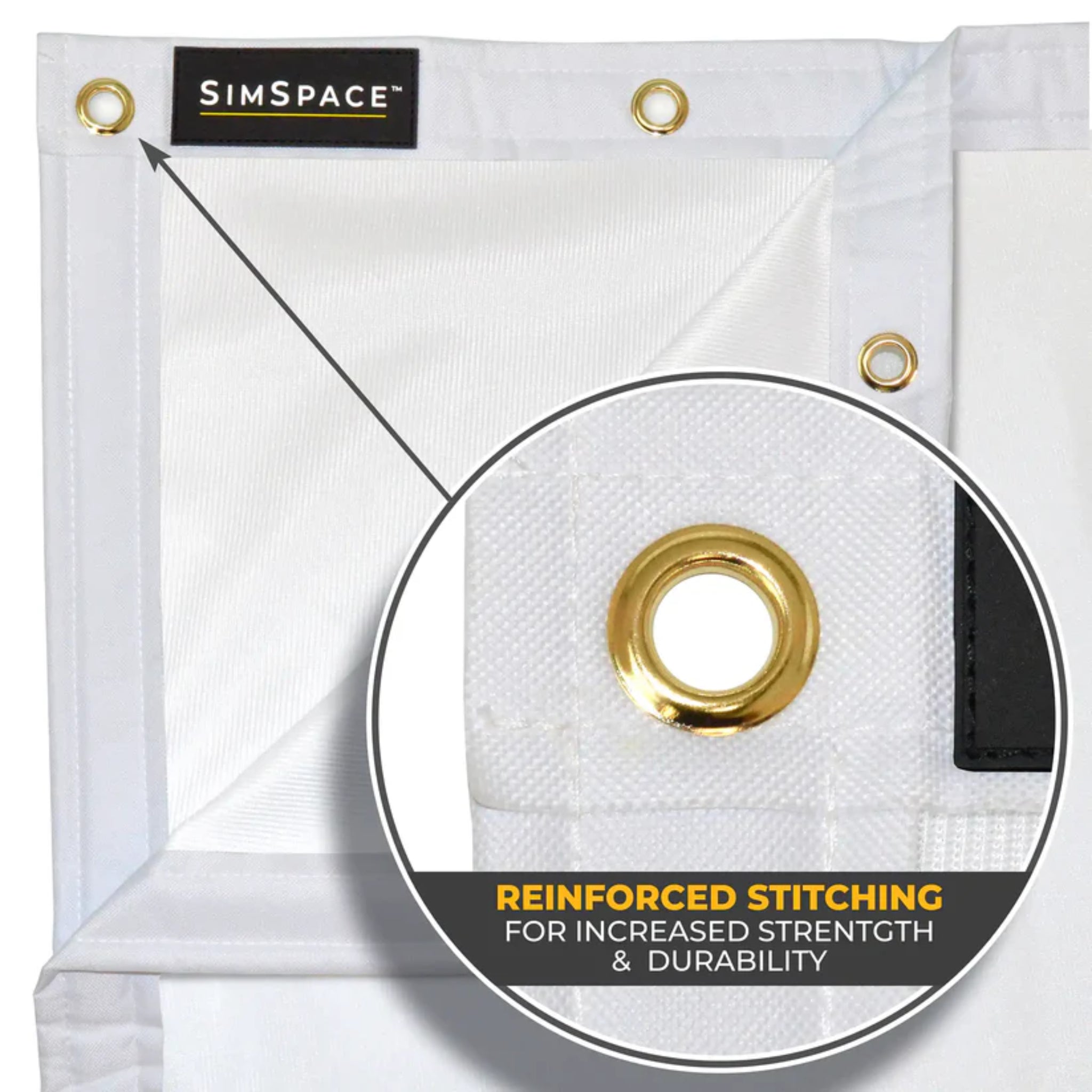 Reinforced stitched grommets on SimSpace golf simulator impact screen for long-lasting durability
