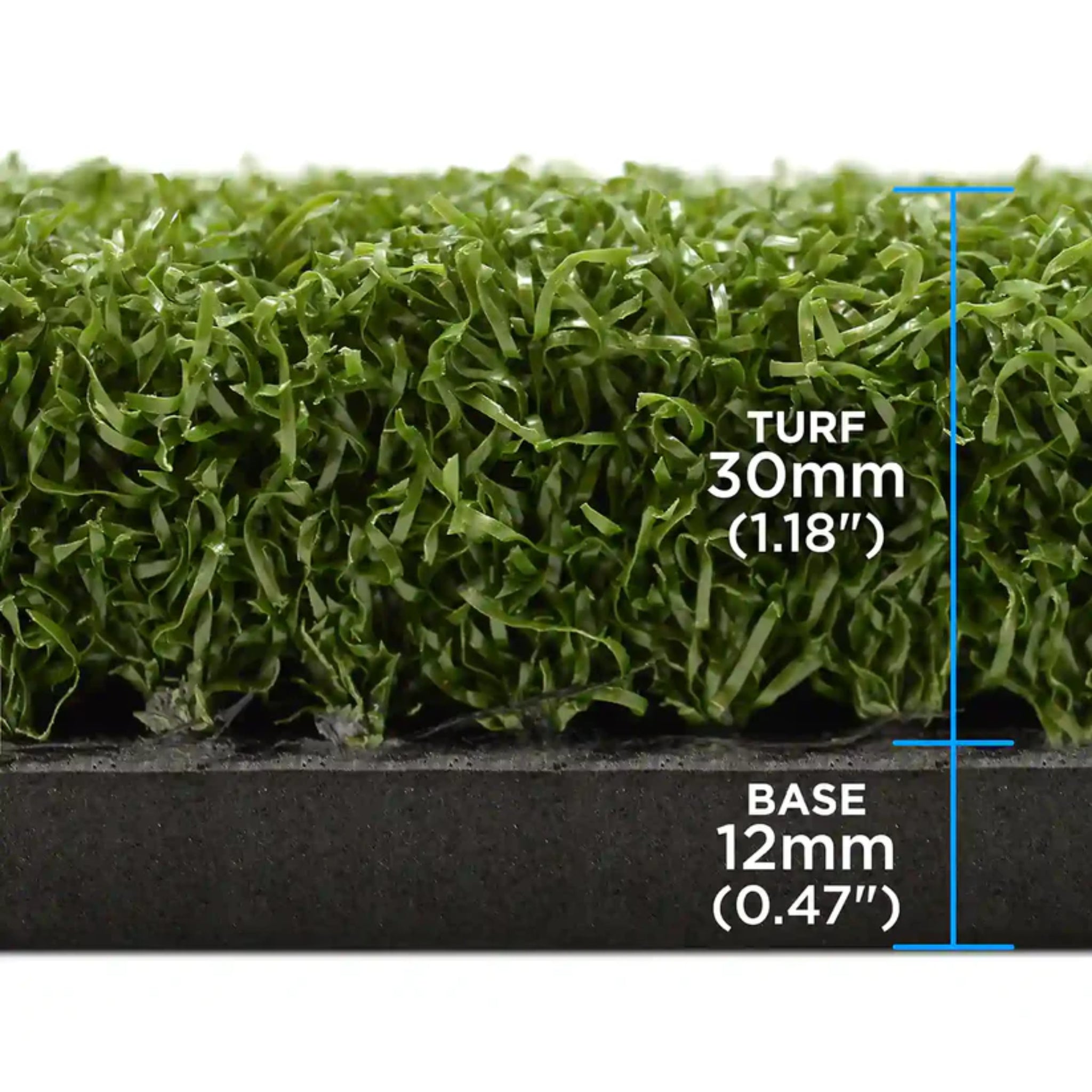 Close-up of SimSpace Tee Turf Mat showing 30mm turf pile and 12mm rubber base