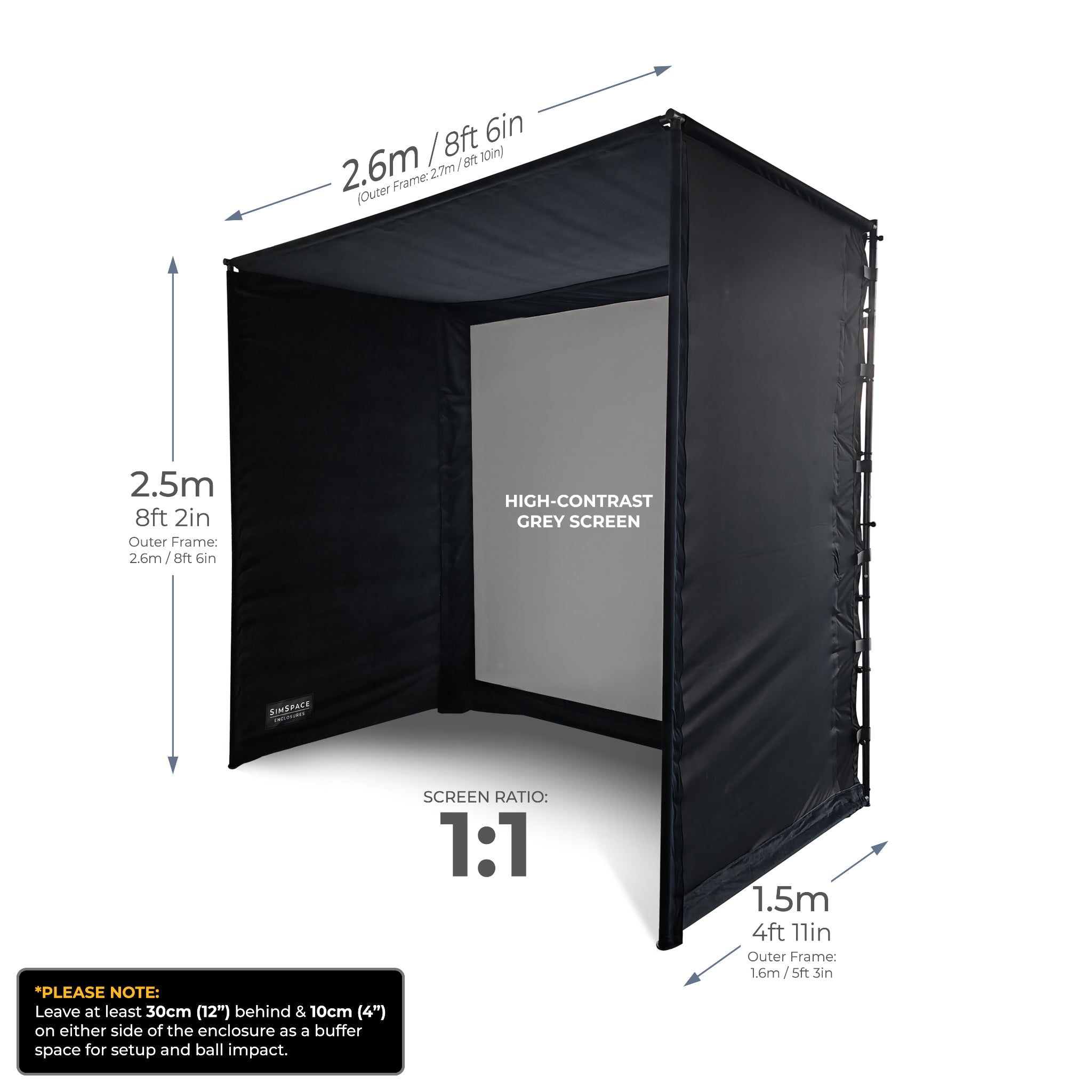 SimSpace UltraMAX SIM 1 golf simulator enclosure front dimensions and screen size specifications