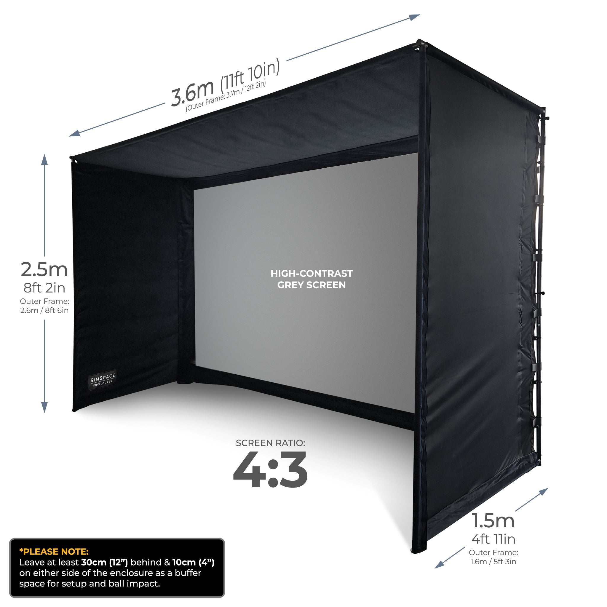 SimSpace UltraMAX SIM 3 enclosure dimensions for indoor golf simulator rooms