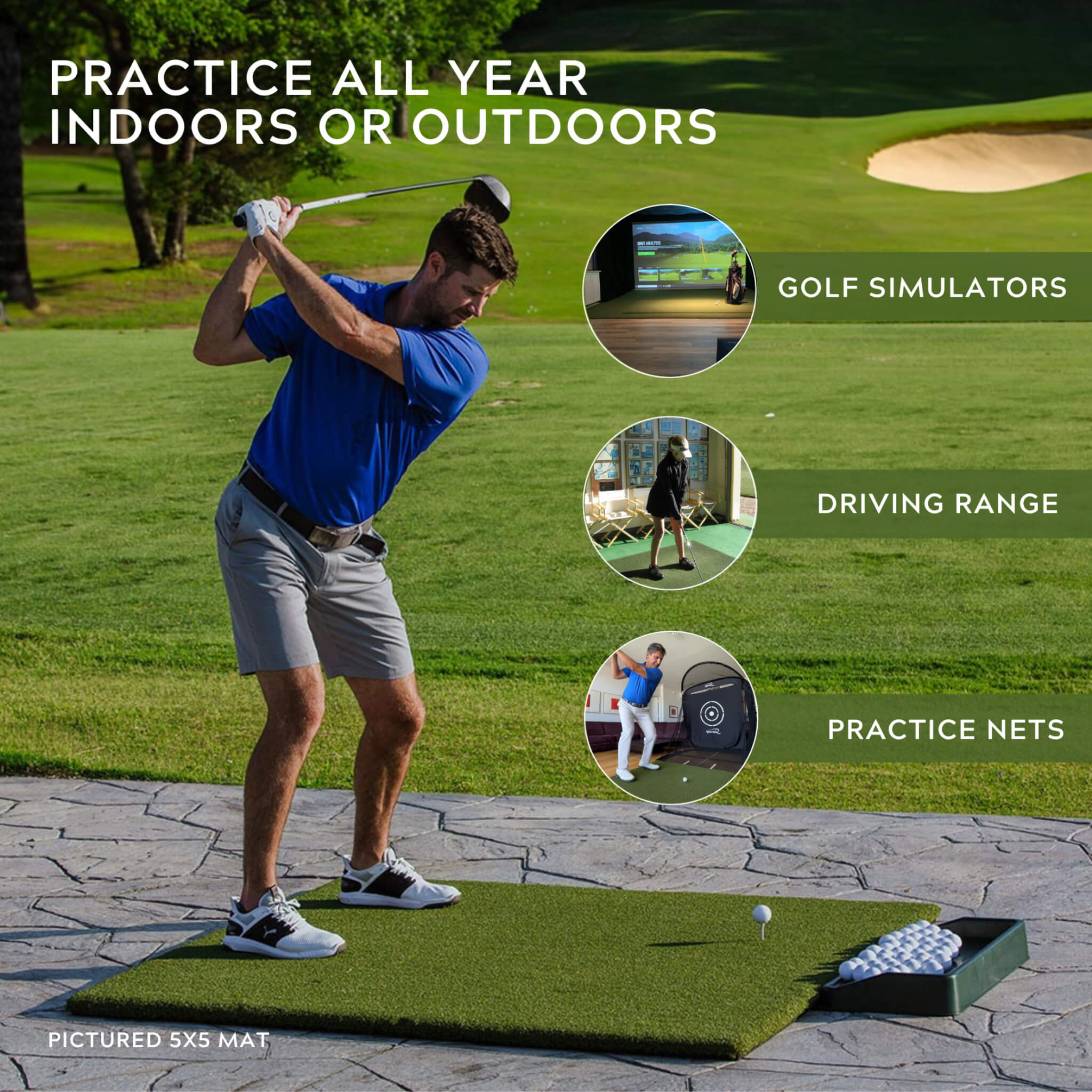 5x5 Country Club Elite golf mat holding a real tee, designed for indoor or outdoor practice including golf simulators, driving ranges, and practice nets