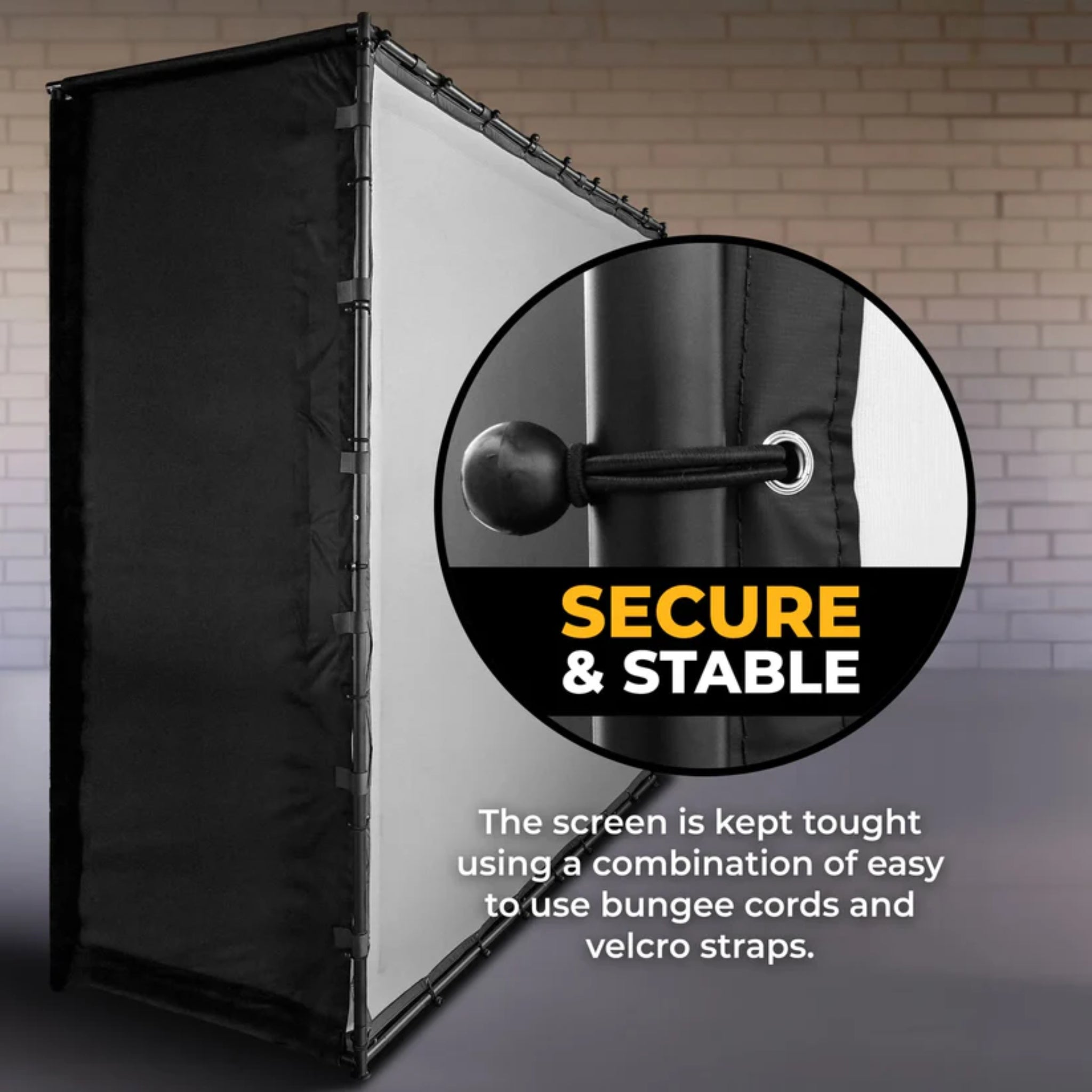 Bungee cord and Velcro tension system securing the SimSpace golf enclosure impact screen