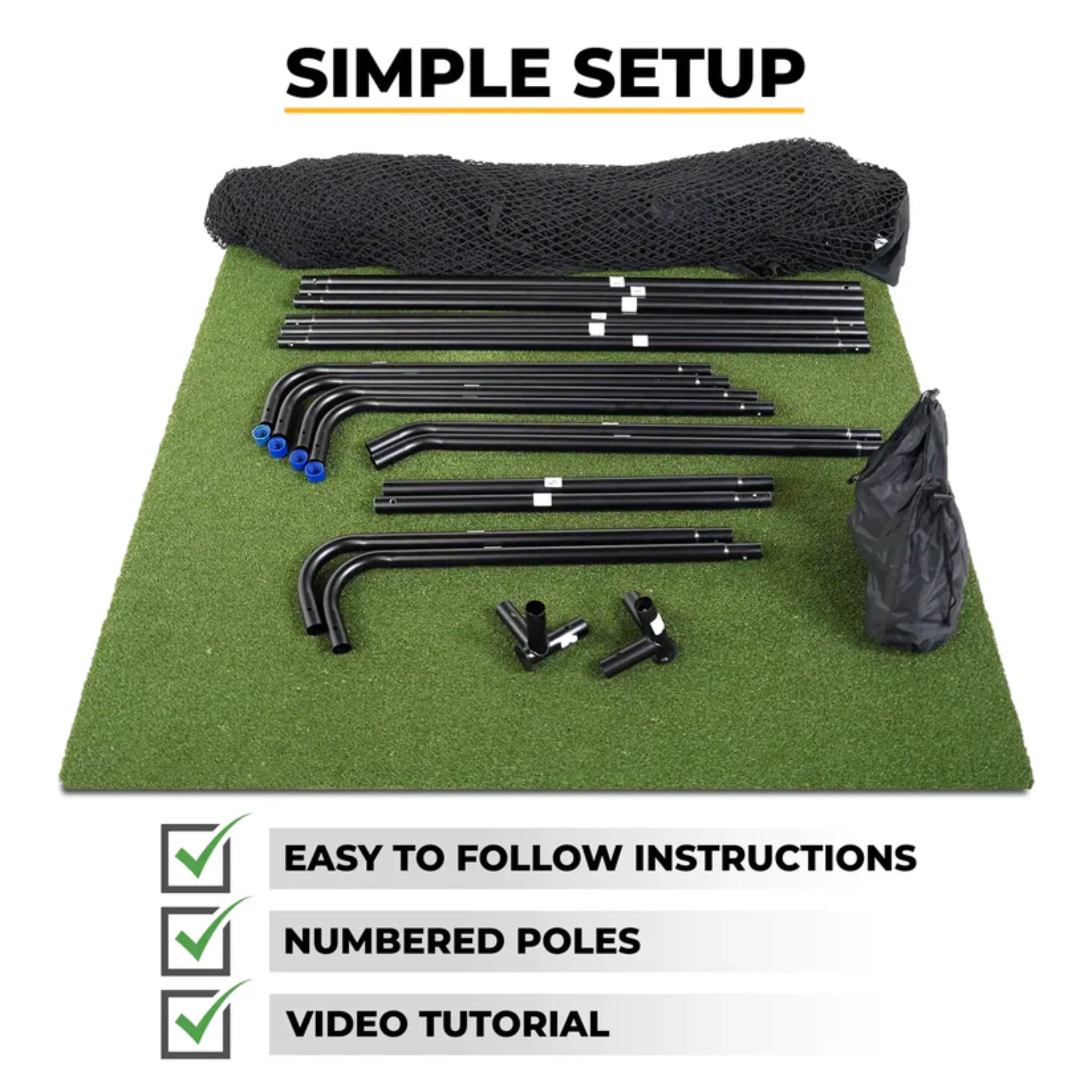 SimSpace golf practice net components for quick push-button assembly with numbered frame poles