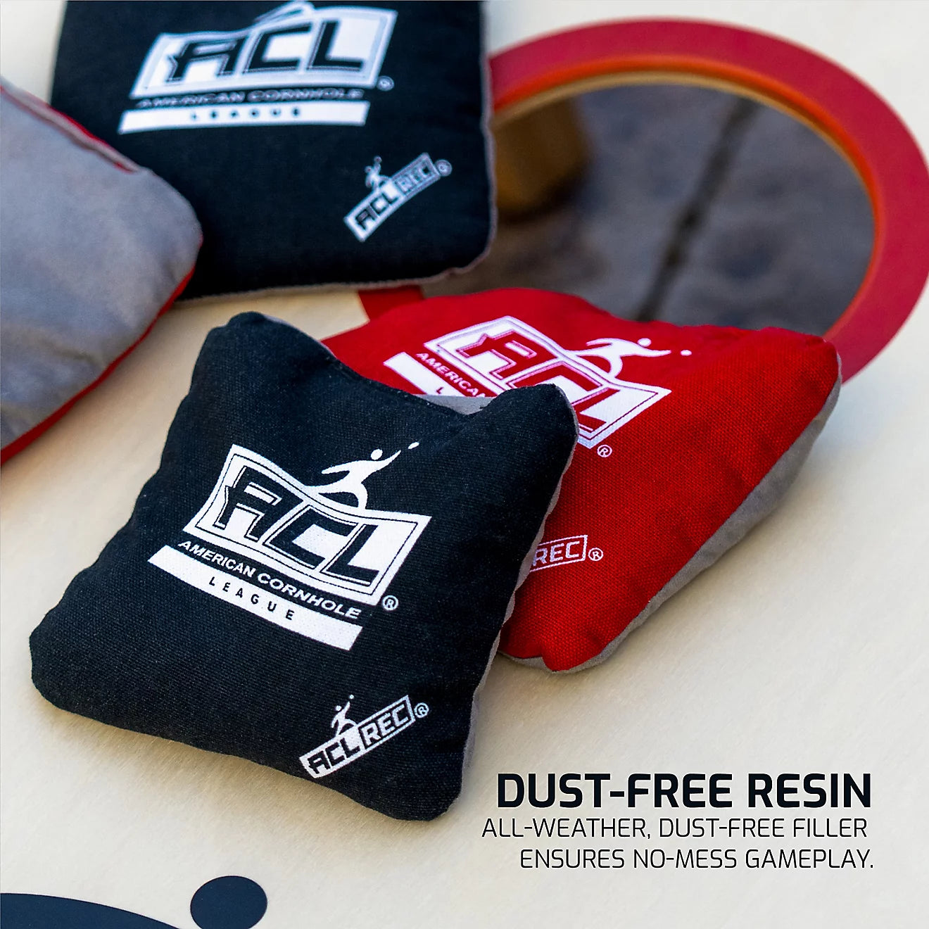 ACL recreational cornhole bean bags red black stick and slick suede canvas set of 8