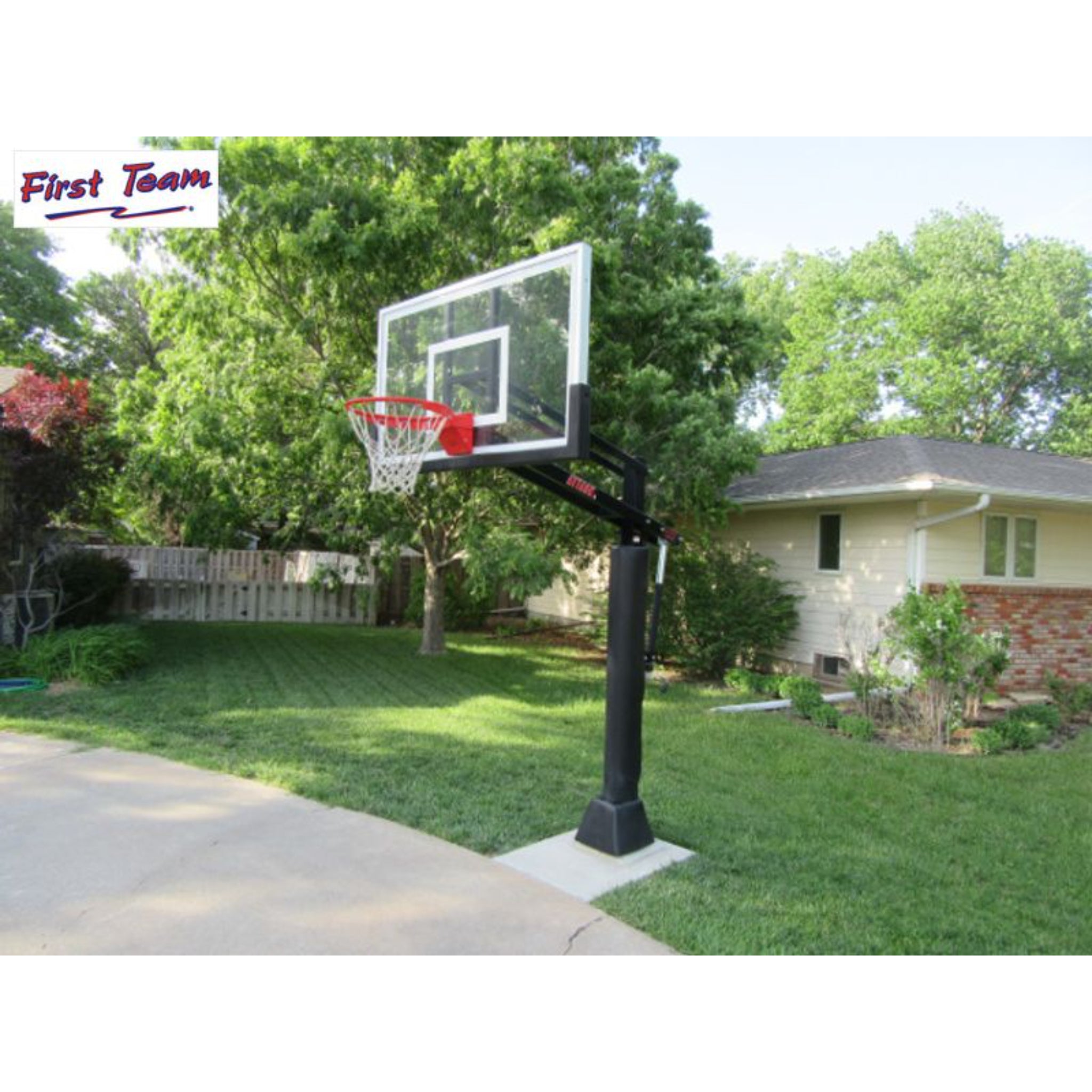 Front view of the First Team Attack adjustable basketball hoop with 36-inch extension and heavy-duty steel post