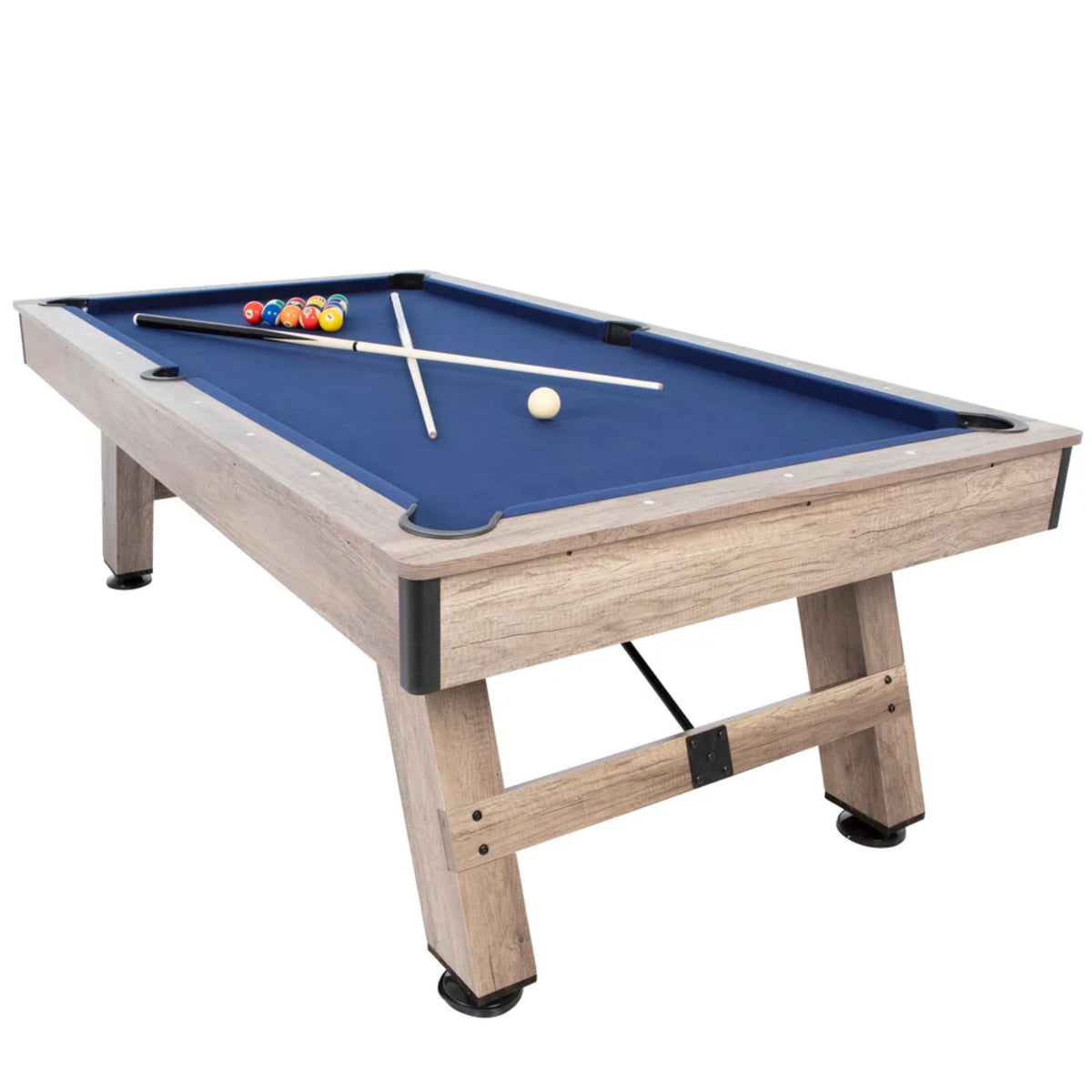 American Legend Brookdale 90-inch billiard table with rustic wood grain cabinet and navy blue cloth