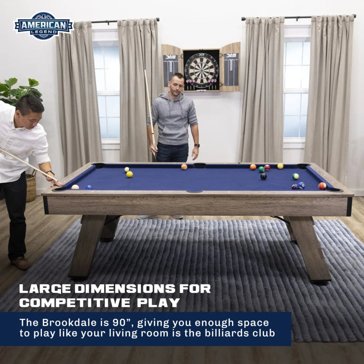 Brookdale 90-inch pool table featuring iron turnbuckle leg accents and classic farmhouse styling