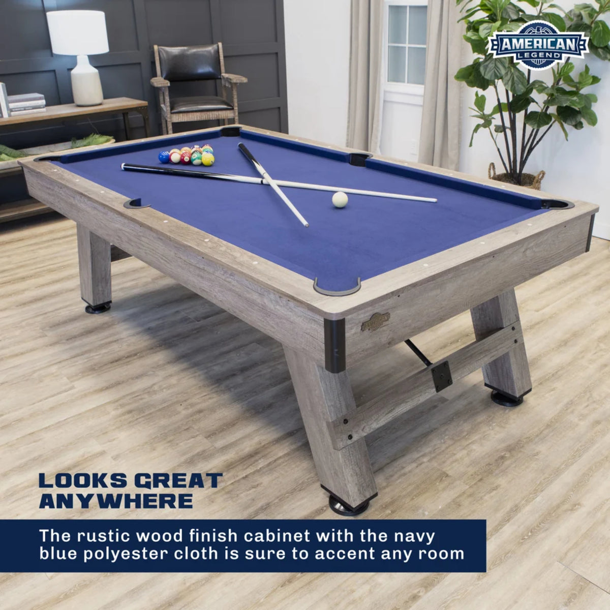 American Legend Brookdale billiard table with navy blue playing surface in a residential game room