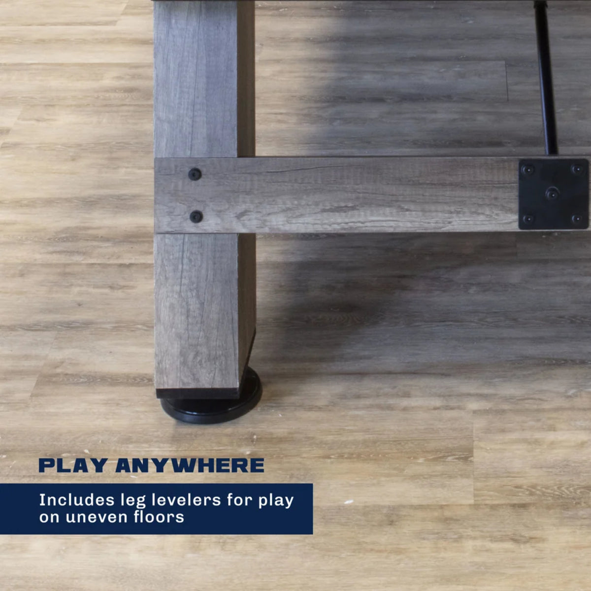 Close-up of Brookdale billiard table adjustable leg levelers and rustic wood construction