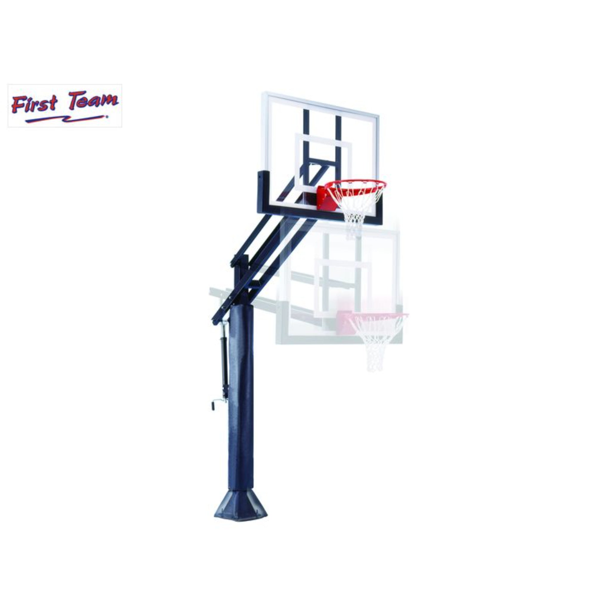 First Team Attack adjustable in-ground basketball hoop with tempered glass backboard and anchor-bolt mounting system