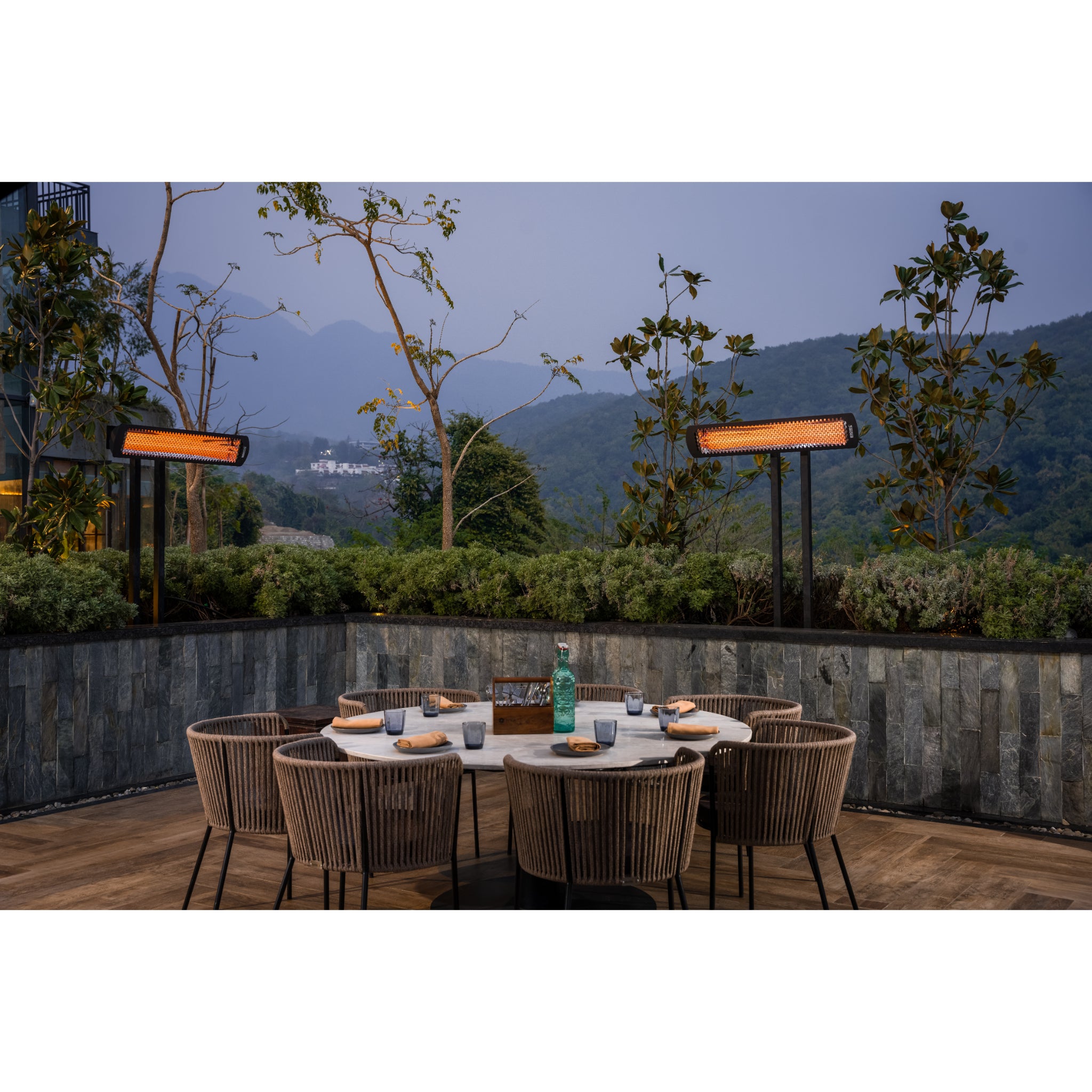 Outdoor electric patio heater from the Bromic Tungsten Smart-Heat series installed on patio