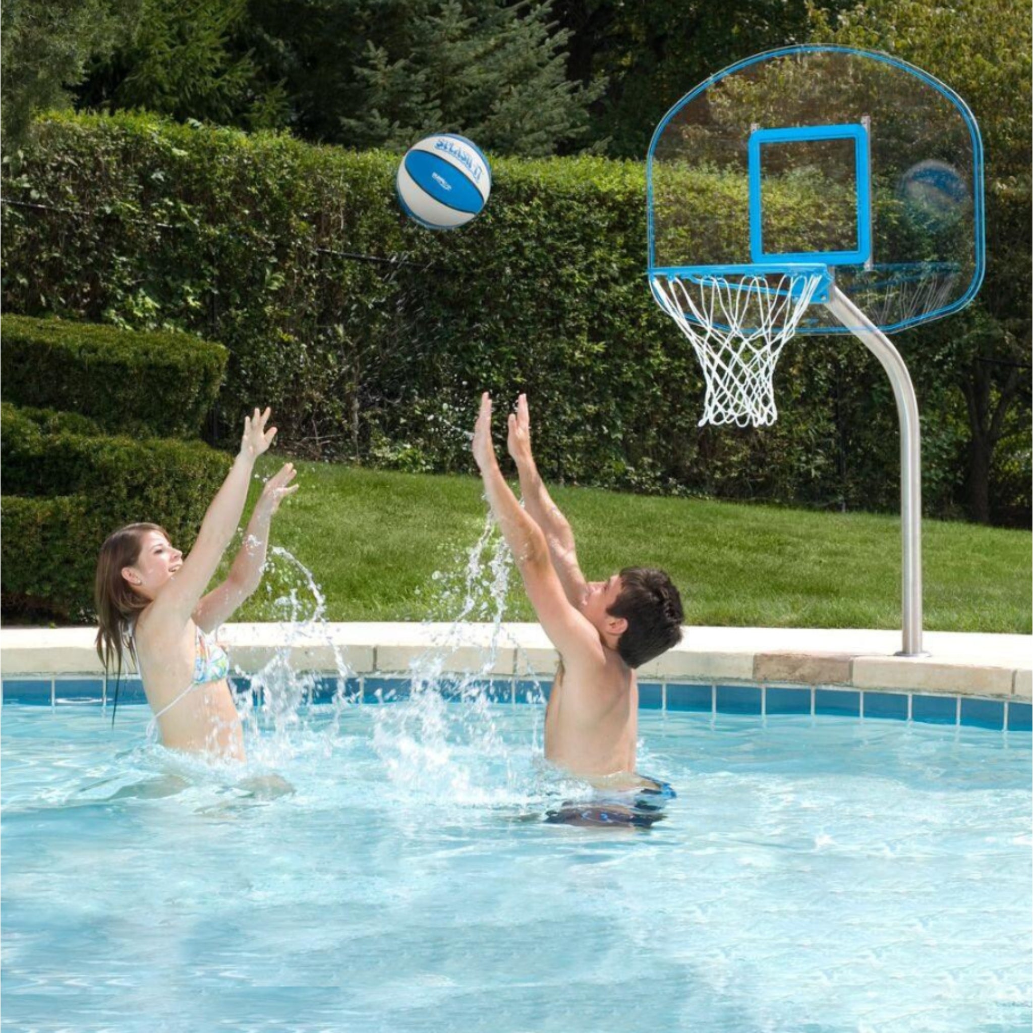Clear acrylic backboard pool basketball hoop installed at pool edge by Dunn-Rite