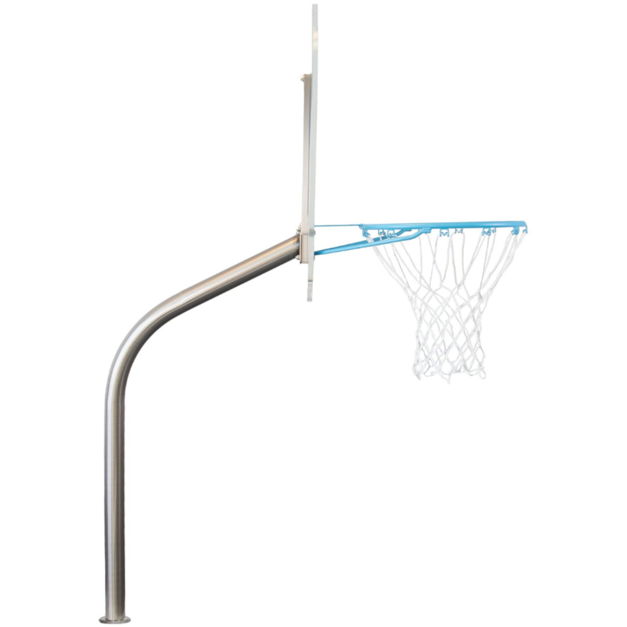 Deck-mounted poolside basketball hoop with clear backboard and stainless steel post side view