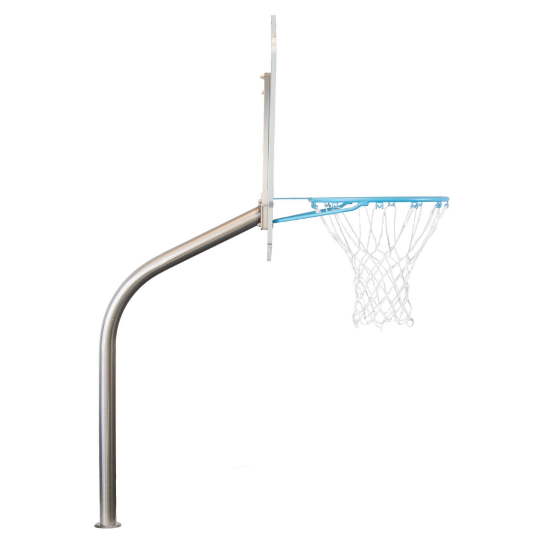 Dunn-Rite in-ground pool basketball hoop with clear backboard and salt-safe construction side view