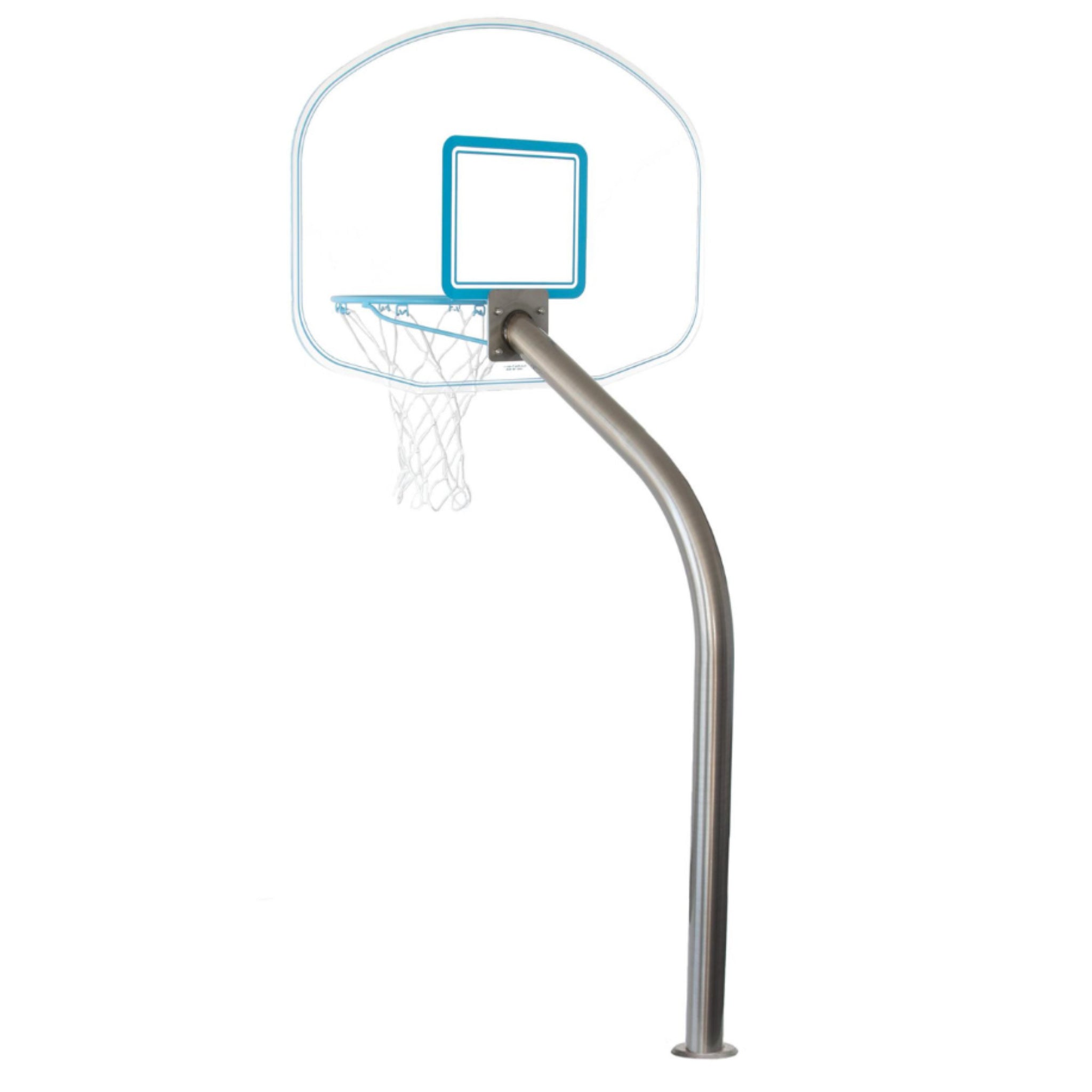 Dunn-Rite Clear Hoop Jr. poolside in-ground basketball hoop with stainless steel deck-mounted post
