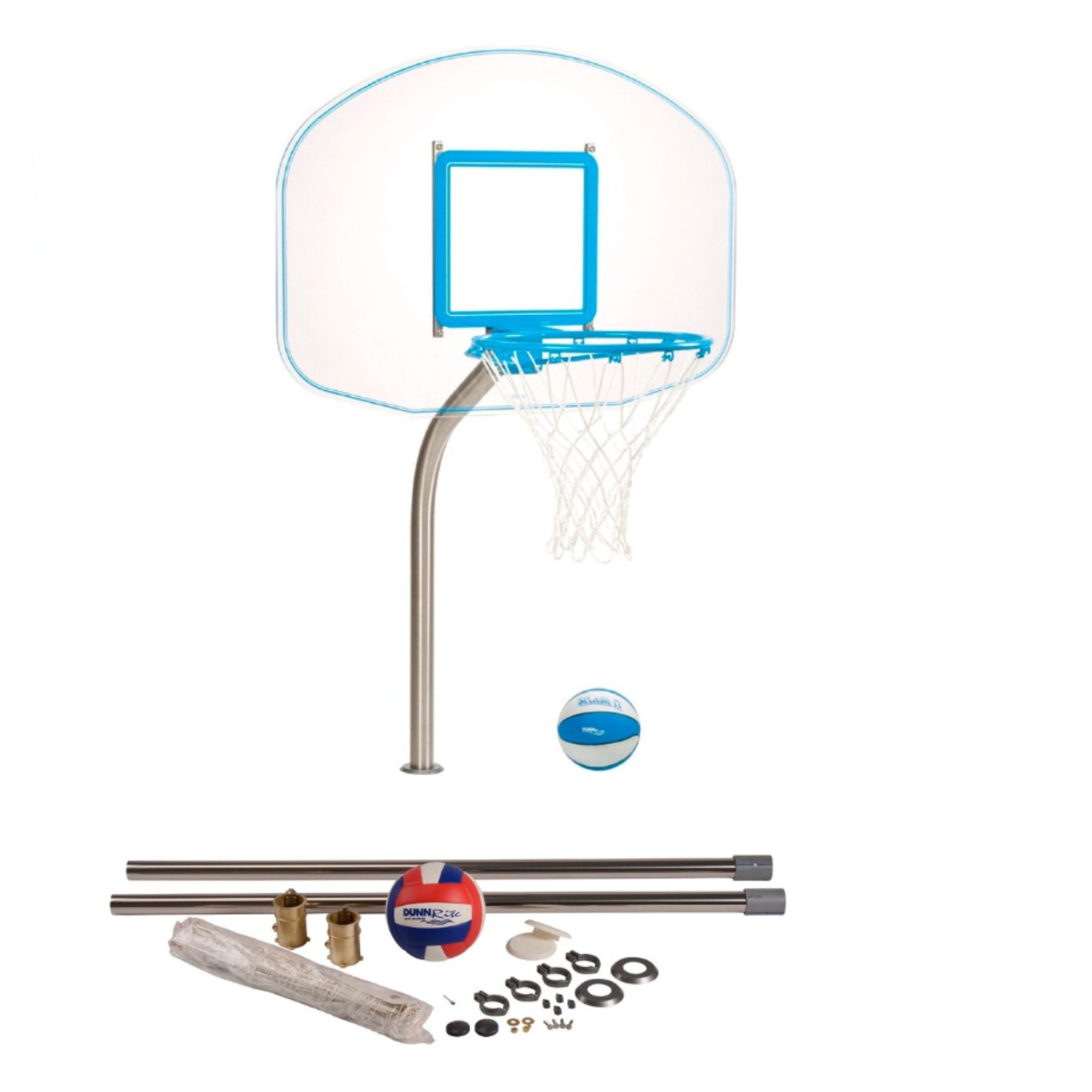 Poolside basketball and volleyball combo featuring Clear Hoop in-ground basketball system and adjustable DeckVolley net