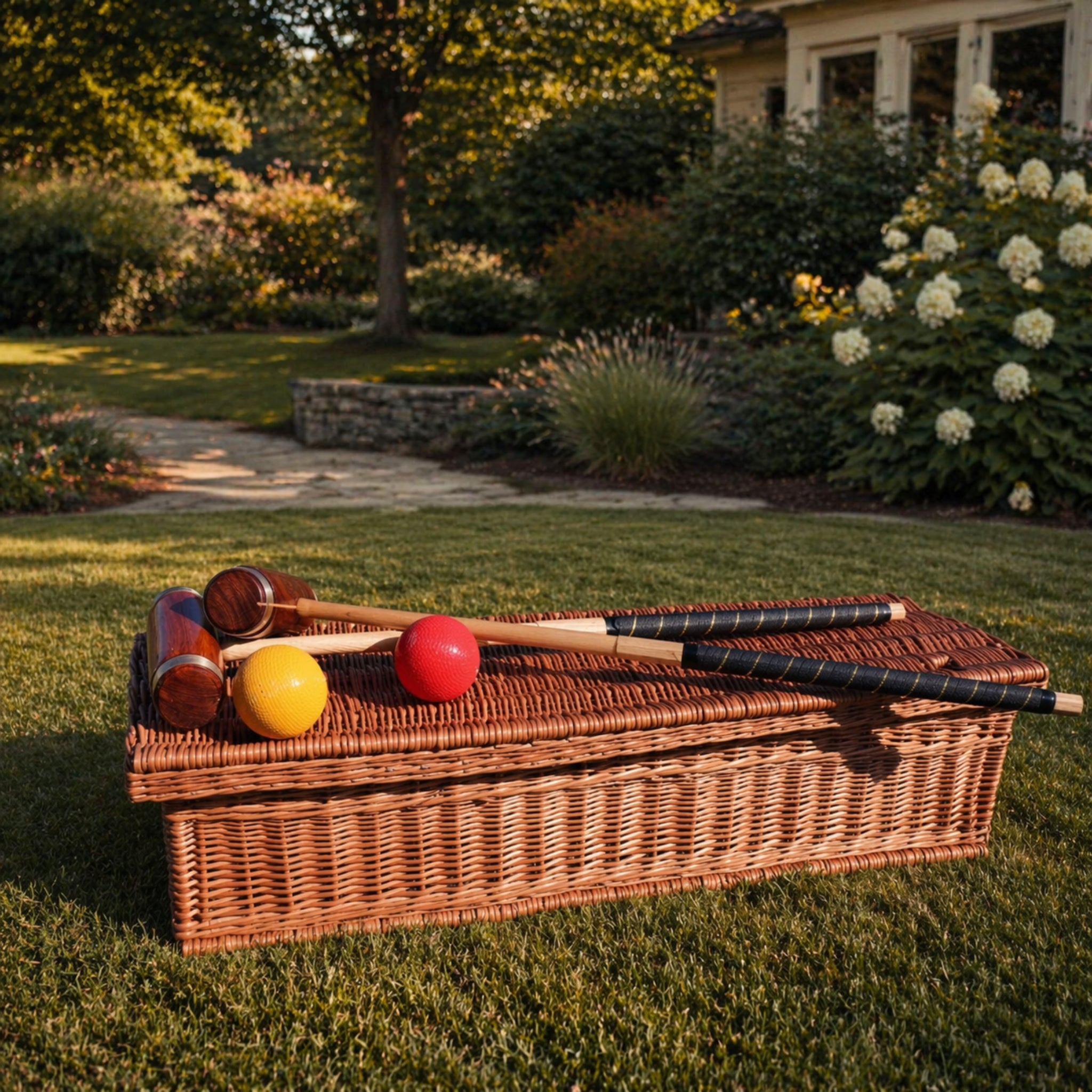Luxury custom croquet set in handmade wicker basket by Geoffrey Parker