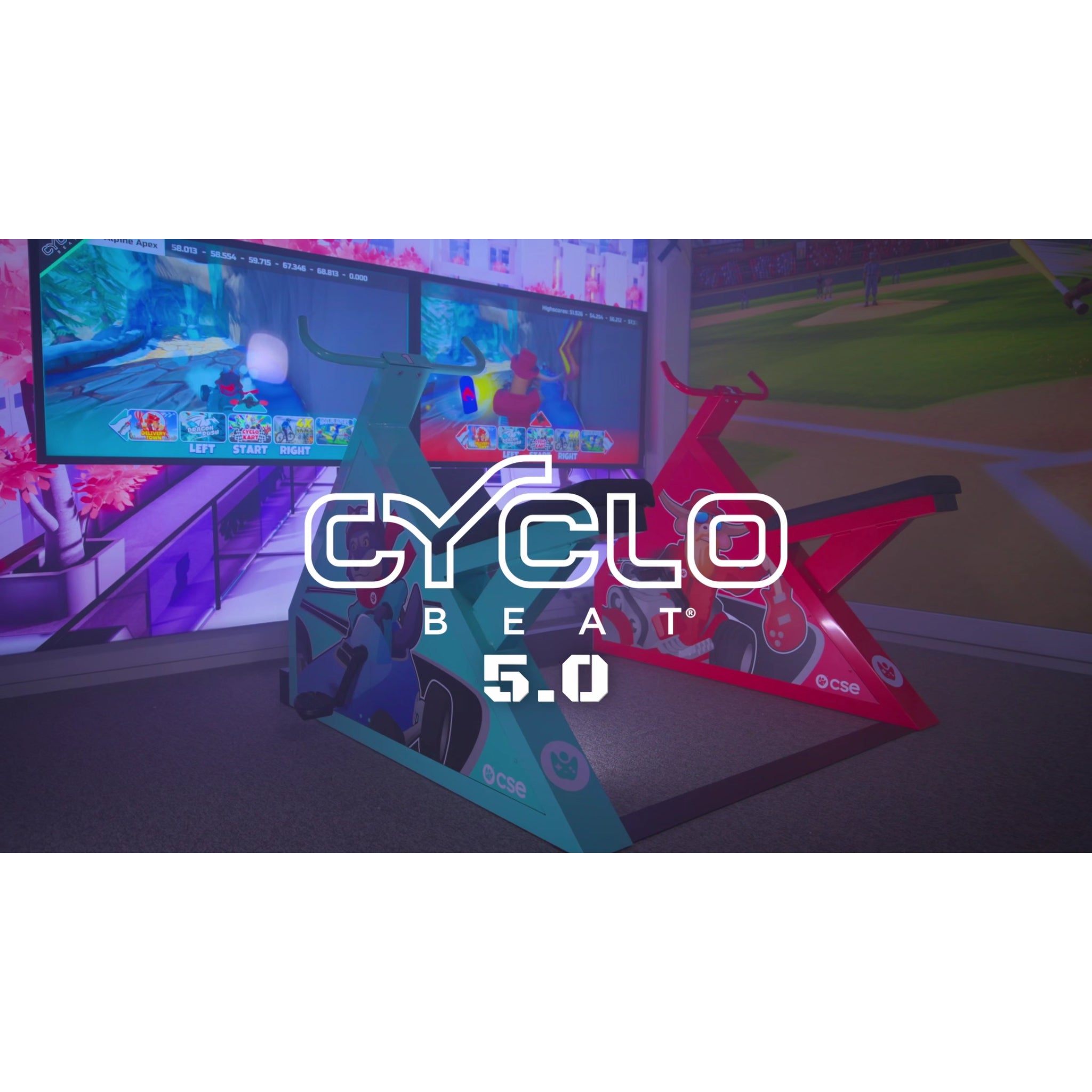 Two VR racing simulators, CycloBeat 5.0, in a gaming room, with a large screen showing a virtual racing game in the background.