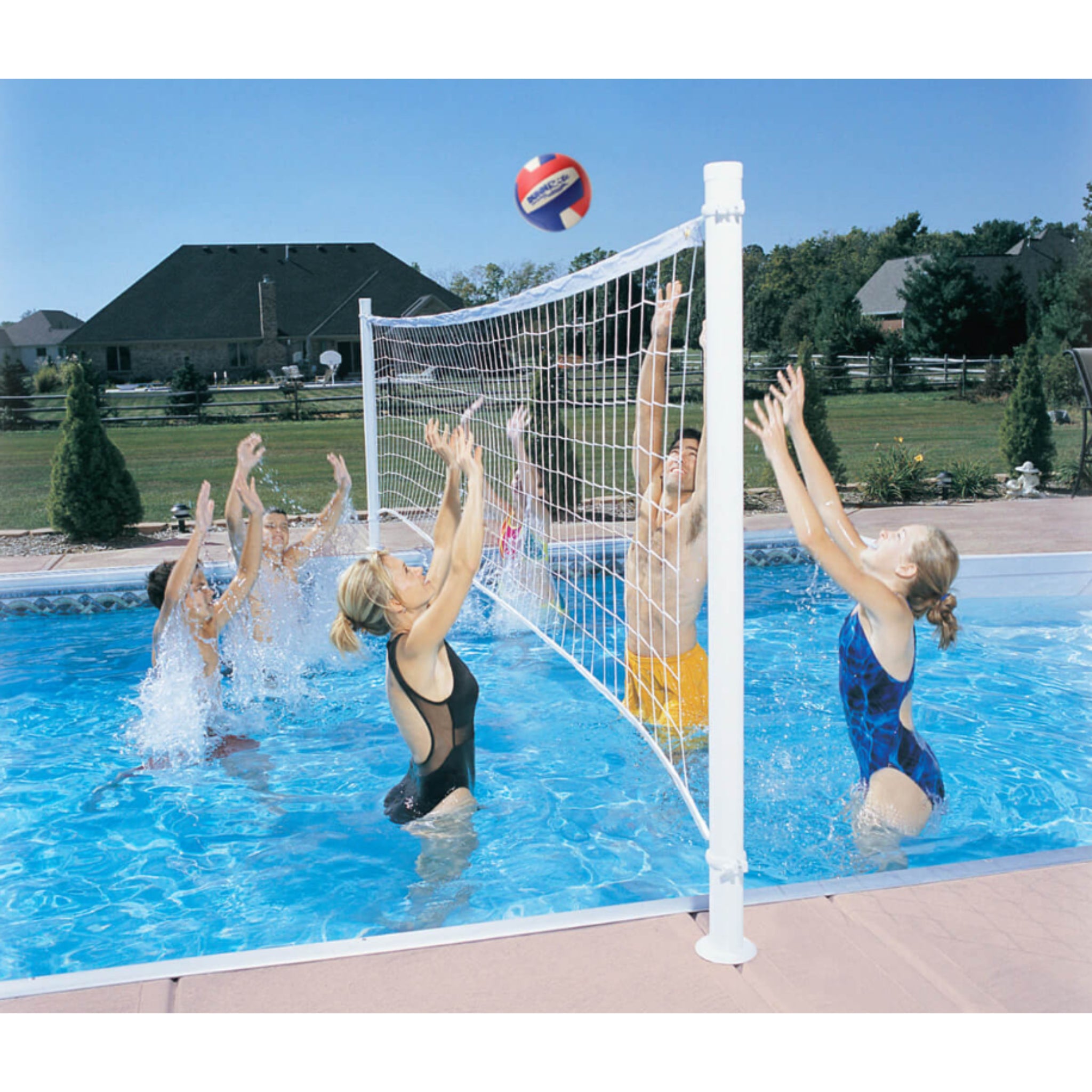 Dunn-Rite Pool volleyball net system installed deck to deck with adjustable height clamps with in-ground mounting