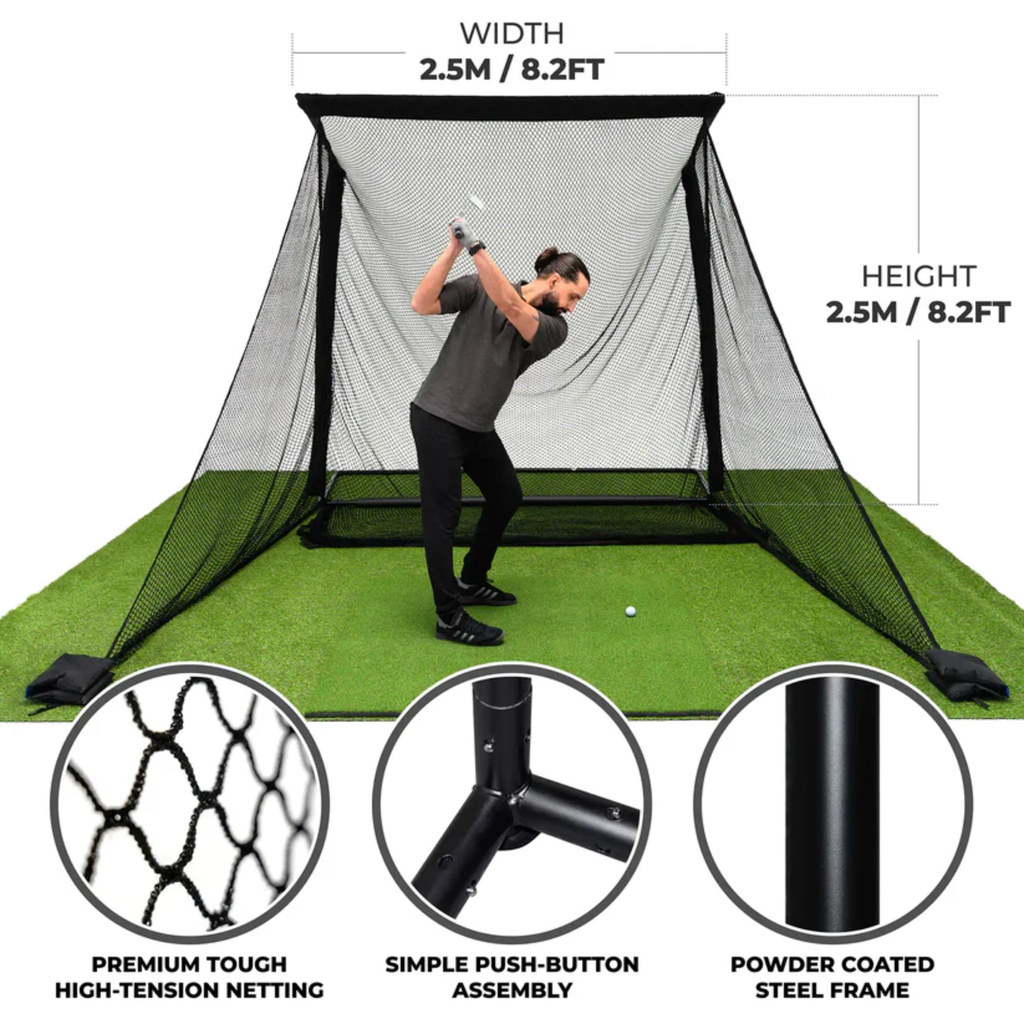 SimSpace golf practice net dimensions showing standard size and golfer standing inside hitting area