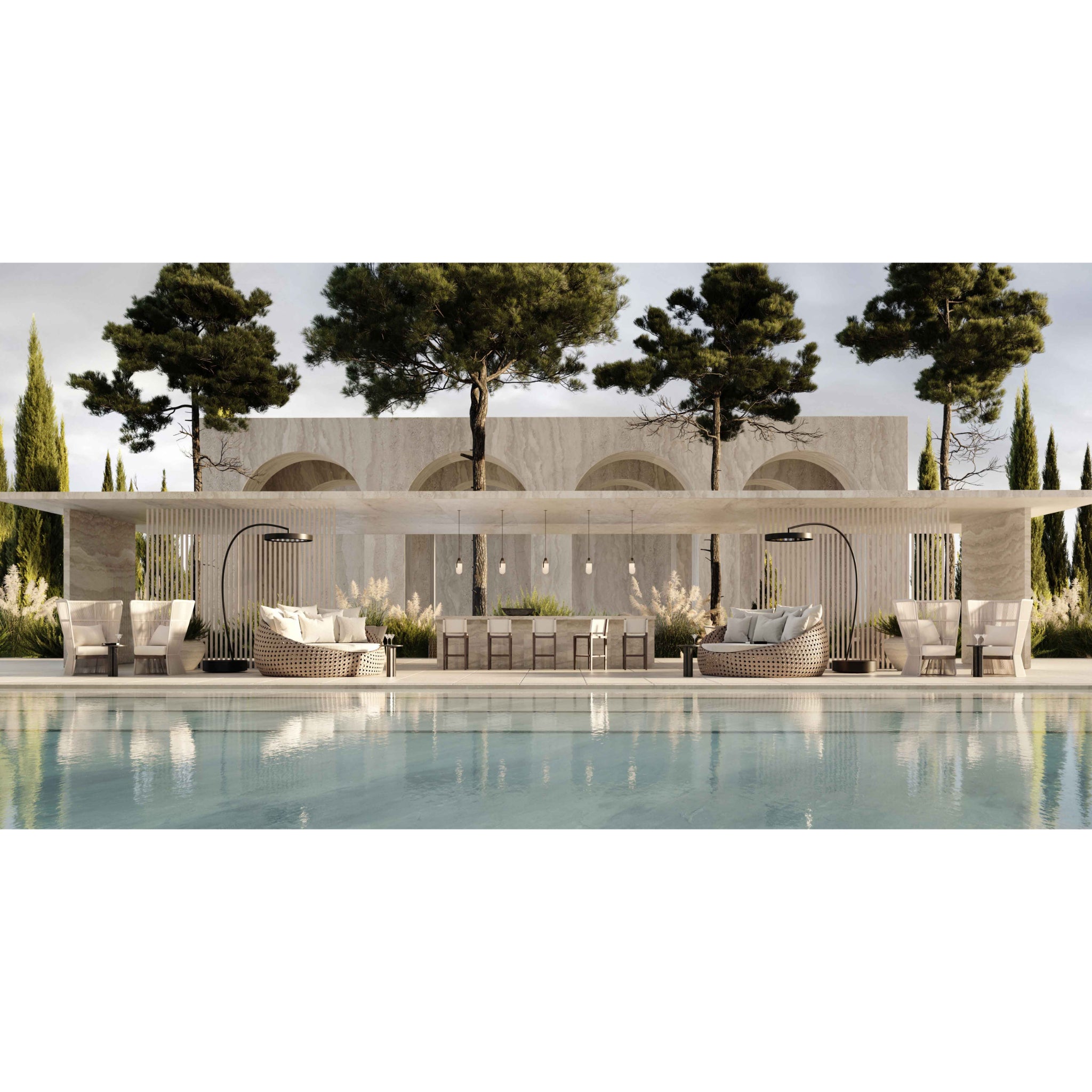 Contemporary freestanding electric patio heater from Bromic Eclipse series next to pool