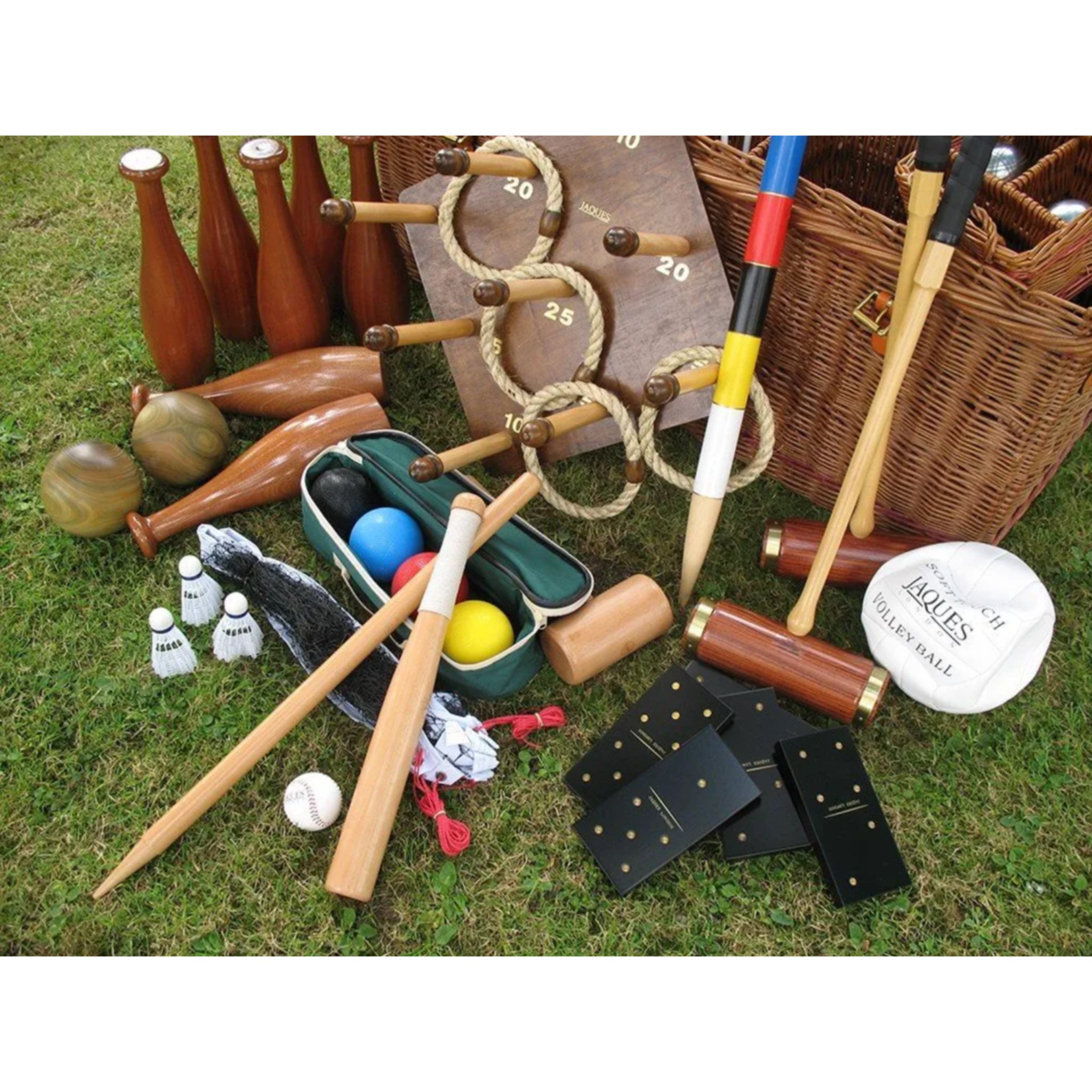 Handcrafted garden games hamper with croquet, pétanque, and badminton - Geoffrey Parker luxury outdoor games