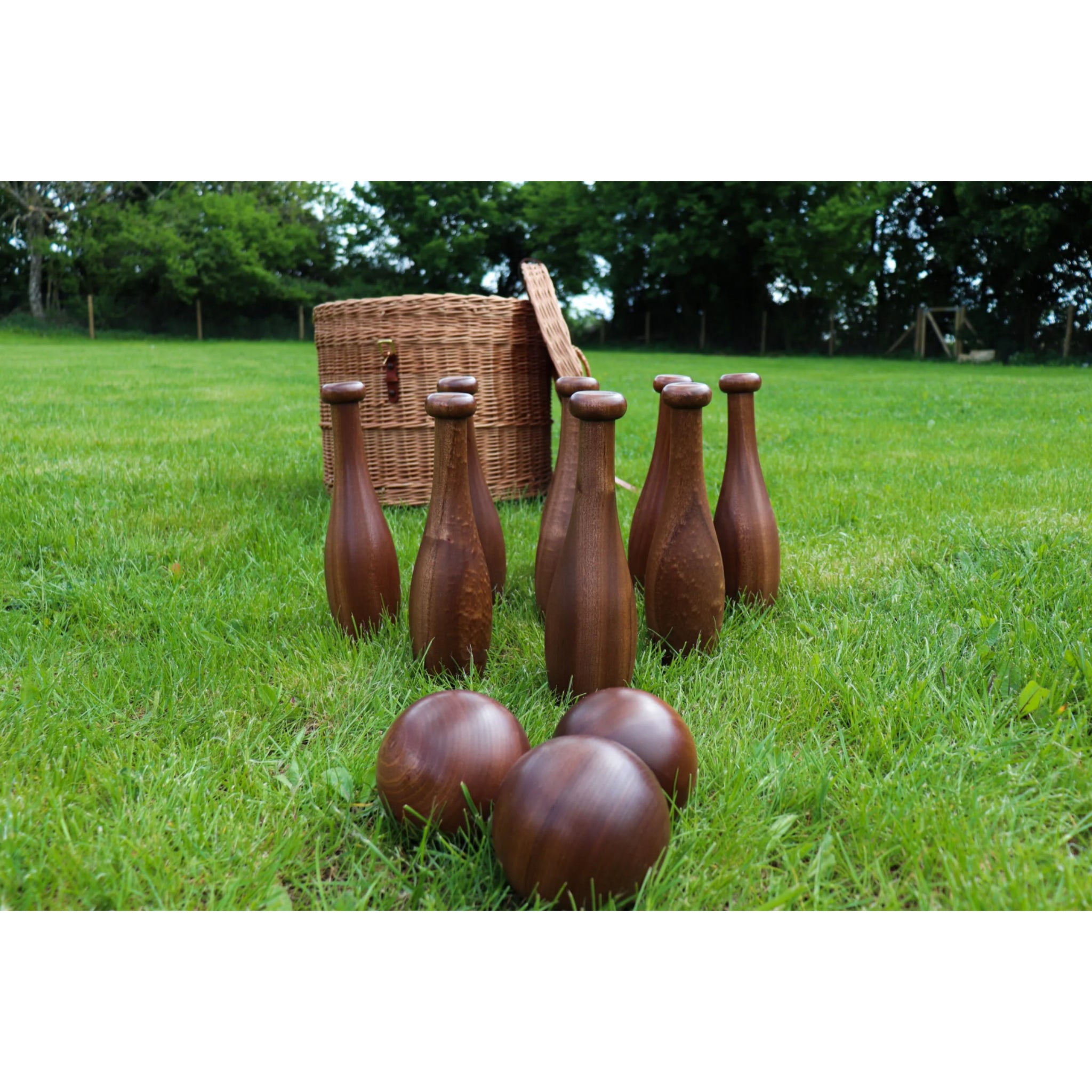Parker Collection traditional English garden skittles set with hardwood pins and leather-trim basket