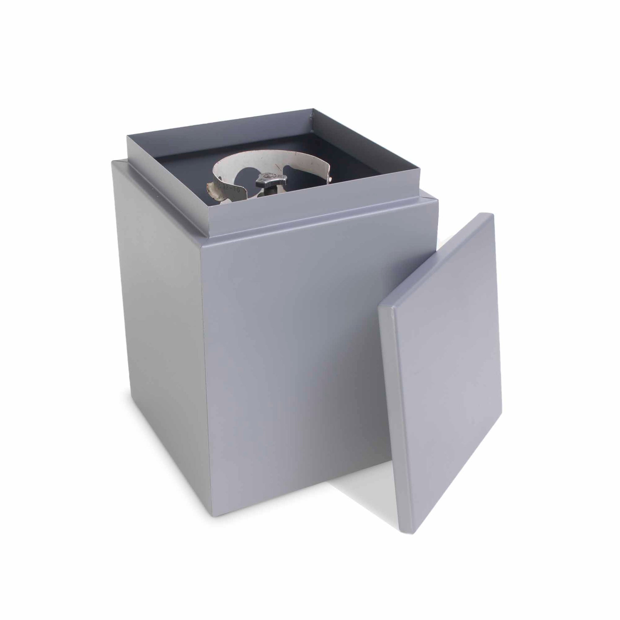 The Outdoor Plus powder-coated metal propane tank enclosure for fire pits with removable lid and weather-resistant outdoor construction