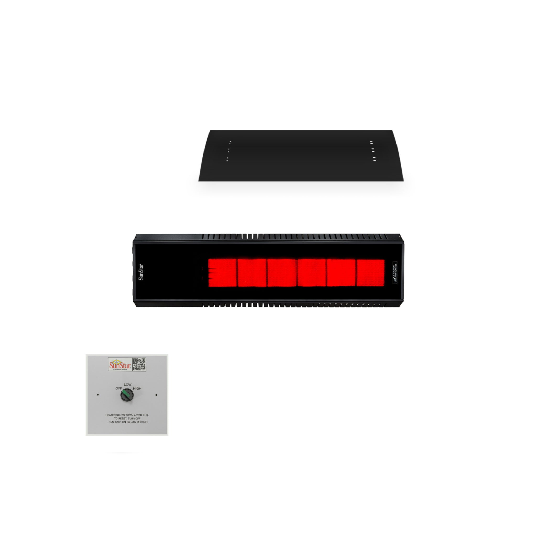 Commercial SunStar gas patio heater installed in horizontal ceiling mount