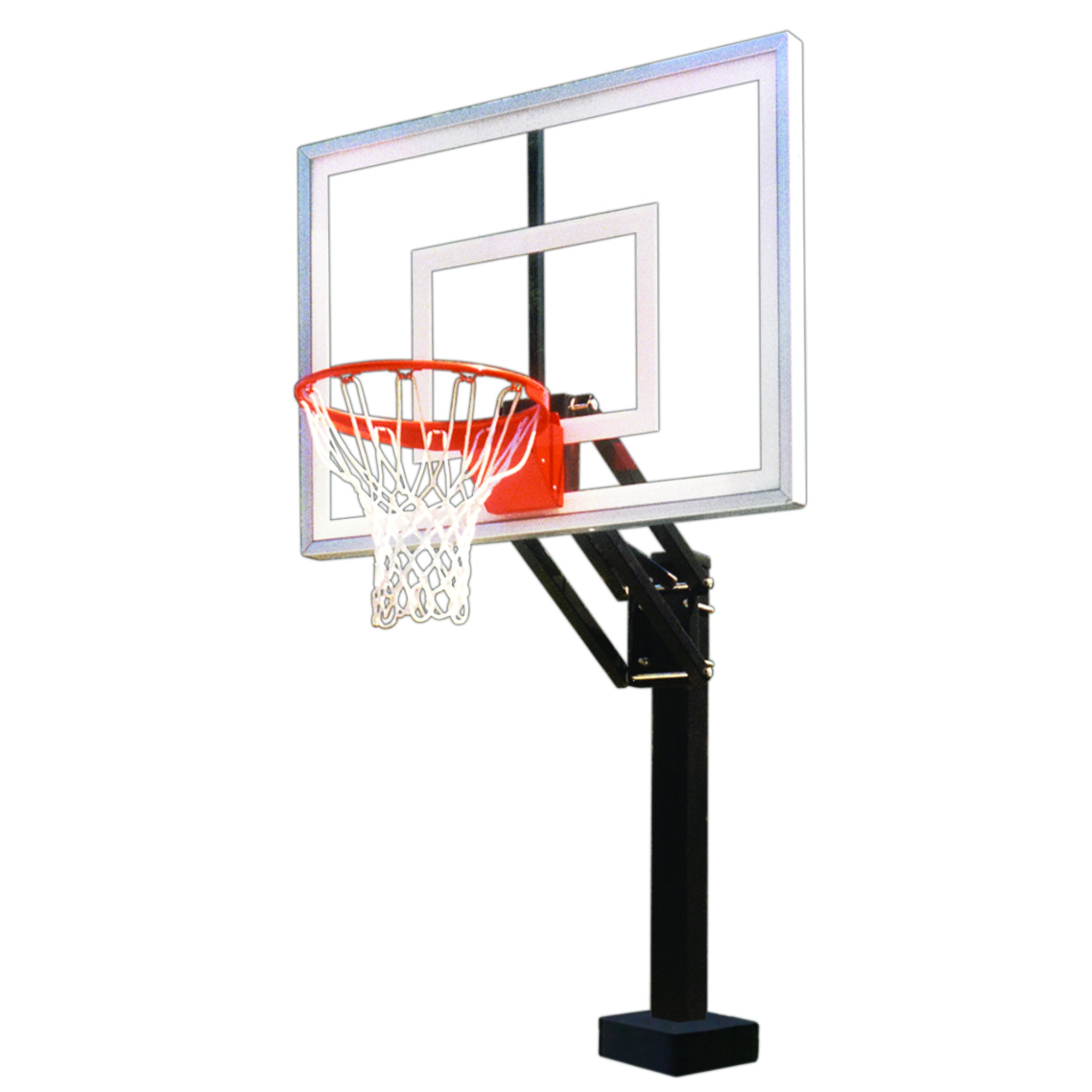 Adjustable surface mount poolside basketball hoop with acrylic backboard and stainless post.