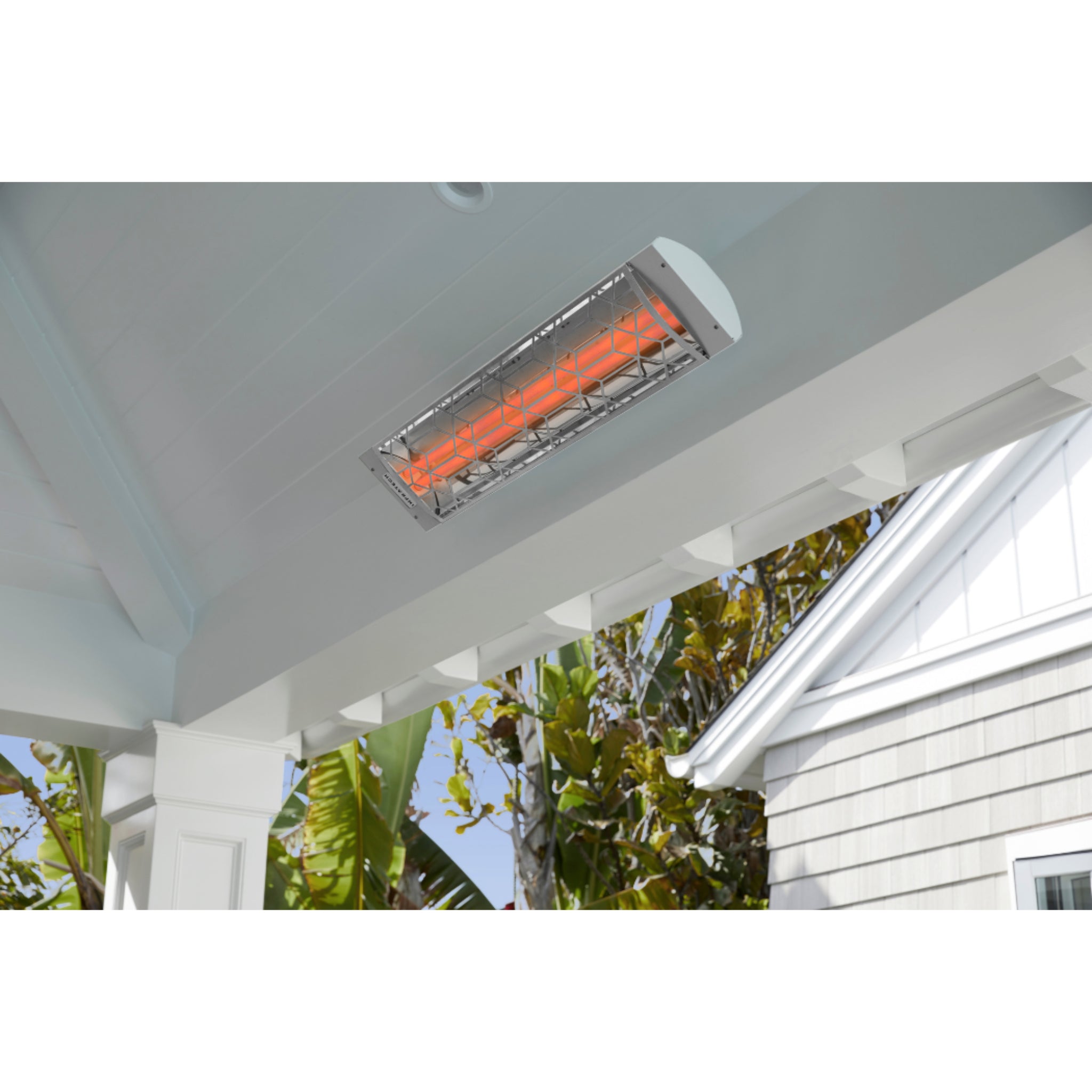 Infratech CD series dual element infrared electric patio heater mounted on patio ceiling in white finish