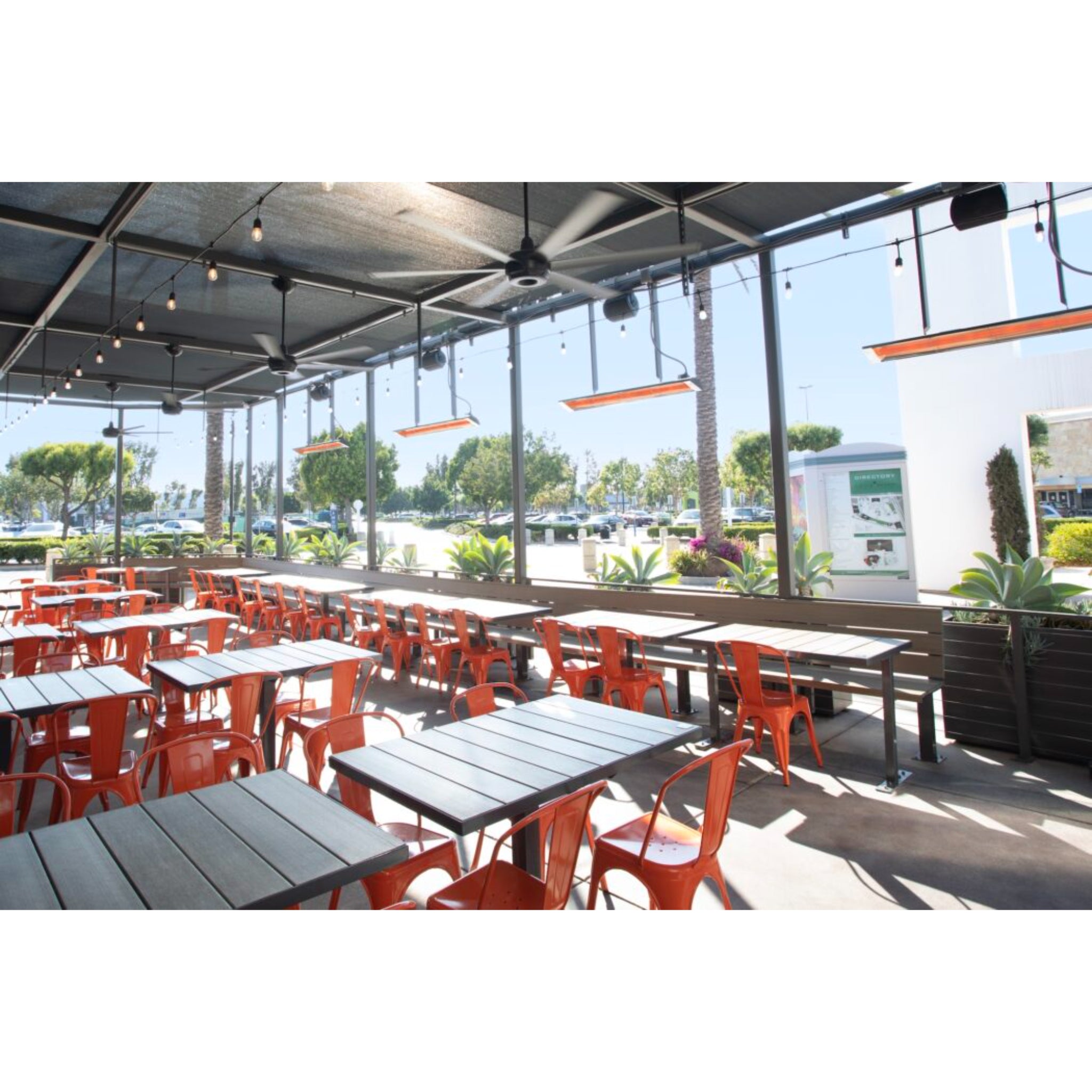 Infratech CD series dual element infrared electric outdoor patio heater installed at restaurant