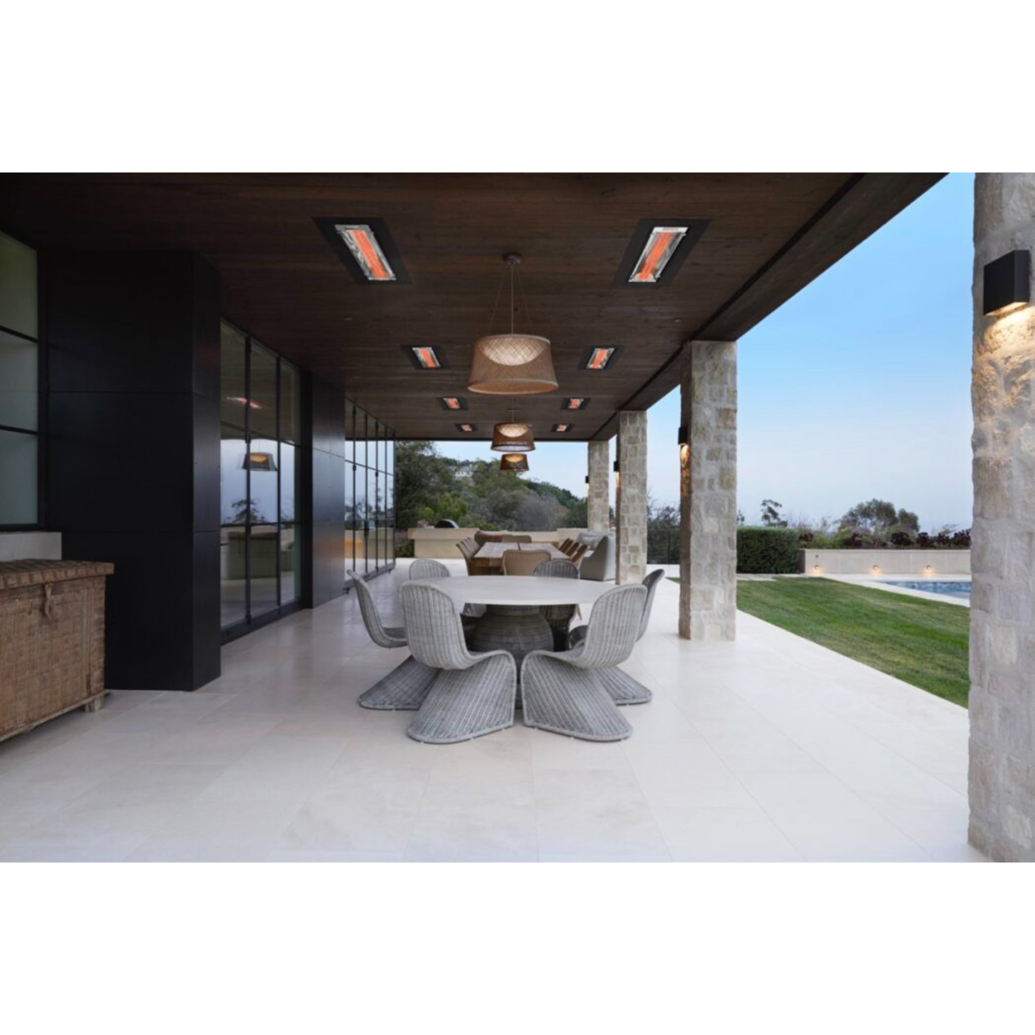 Infratech WD Series dual element infrared heater installed on outdoor patio of a luxury STR