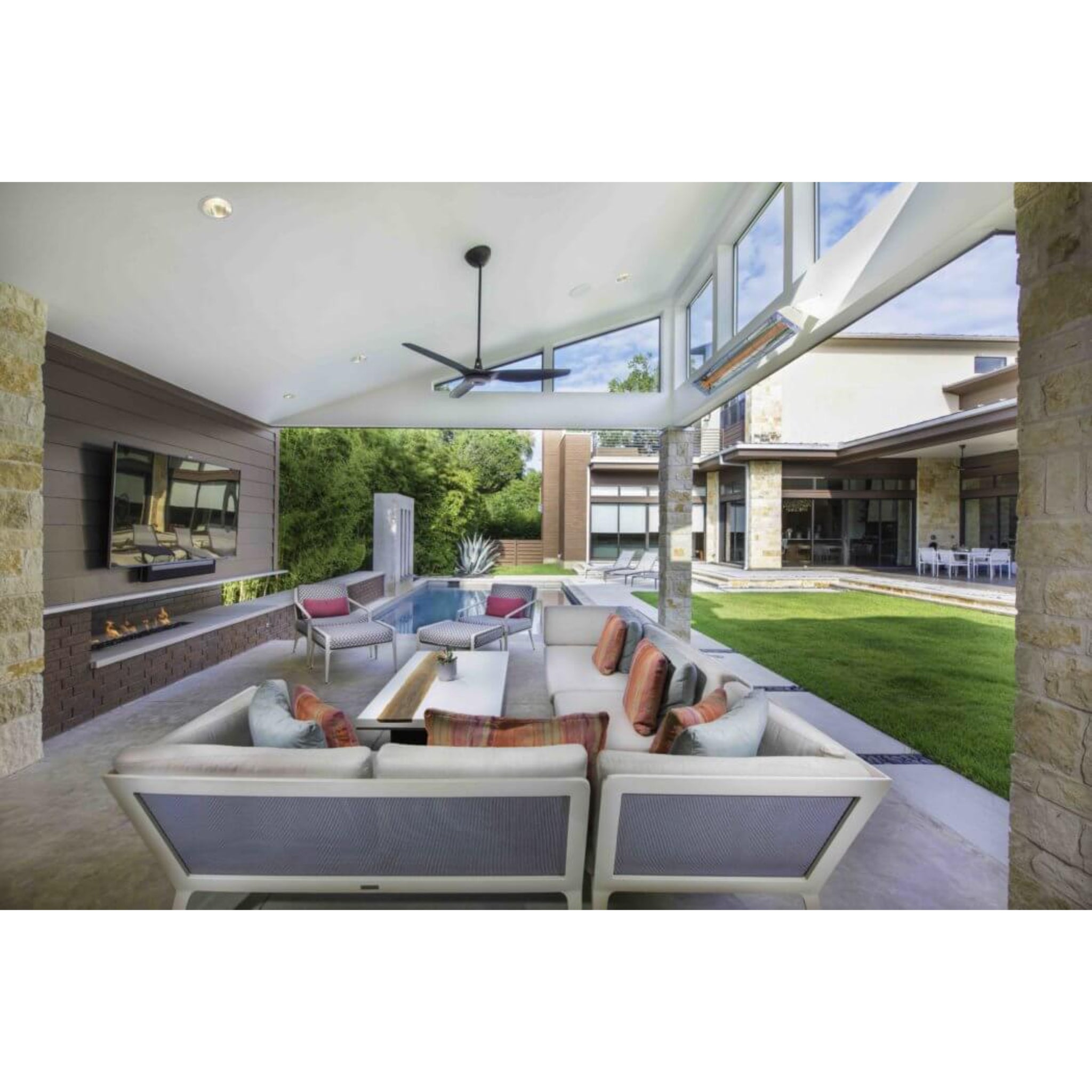 Infratech W Series single element infrared heater installed under a covered patio ceiling