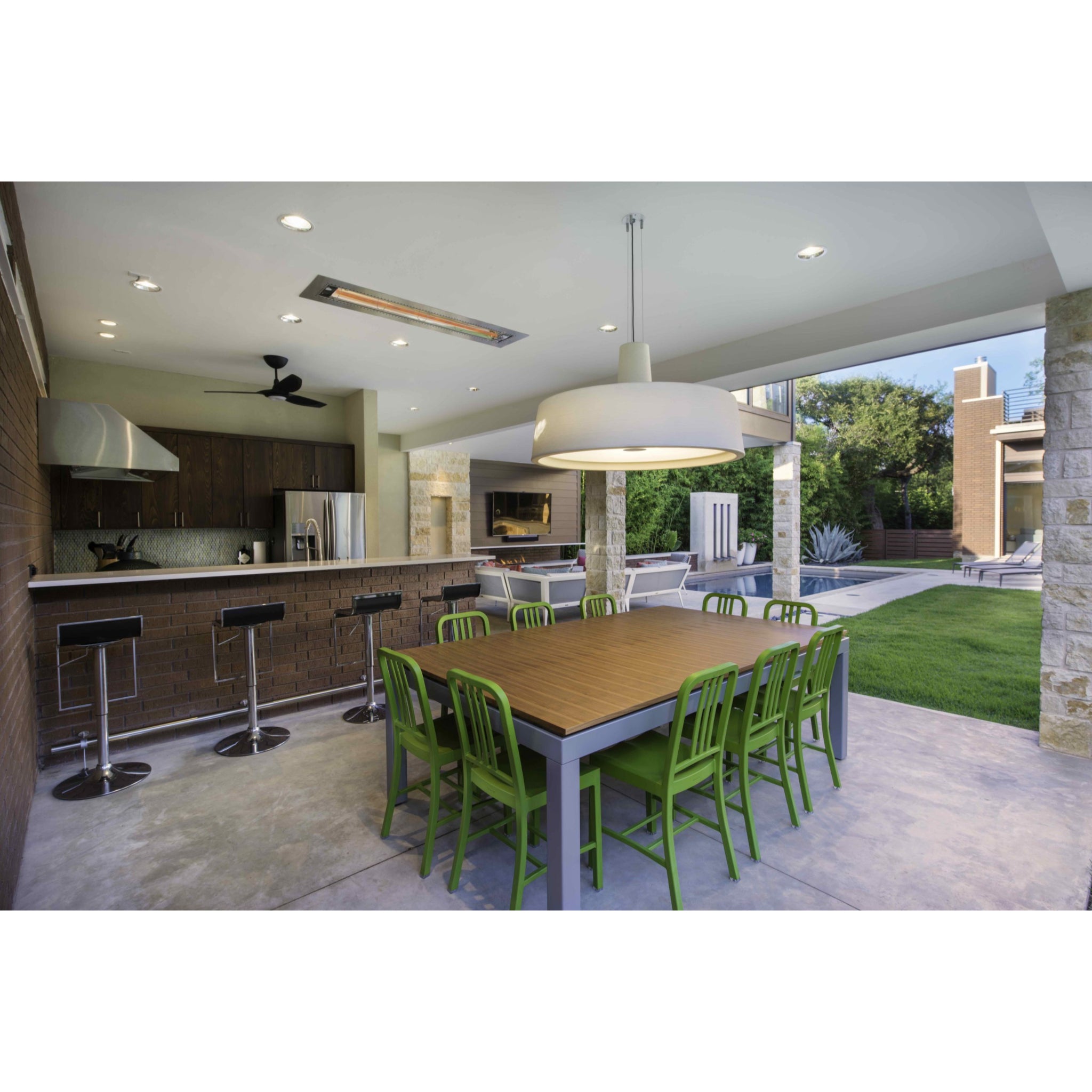 Infratech W Series electric infrared patio heater warming a residential outdoor seating area