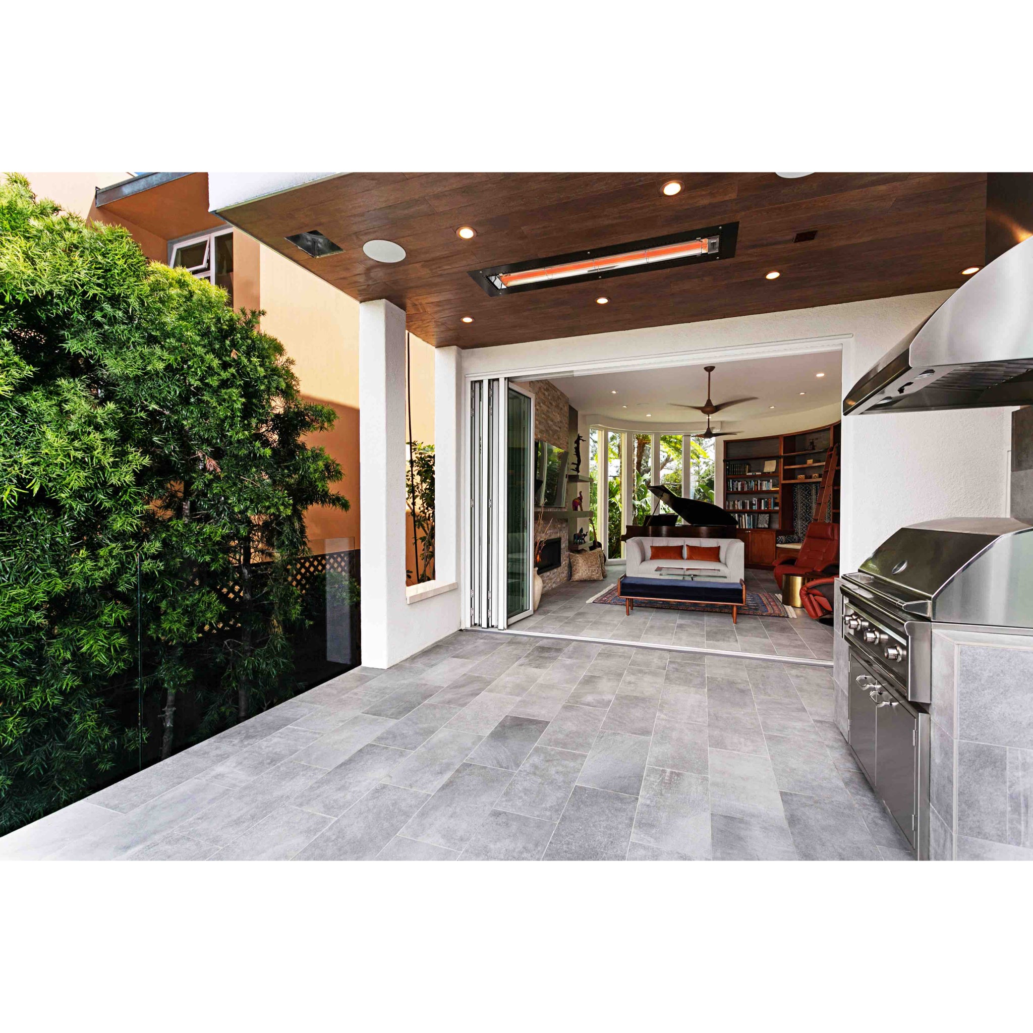 Infratech W Series ceiling flush mounted infrared heater for a modern outdoor entertaining space
