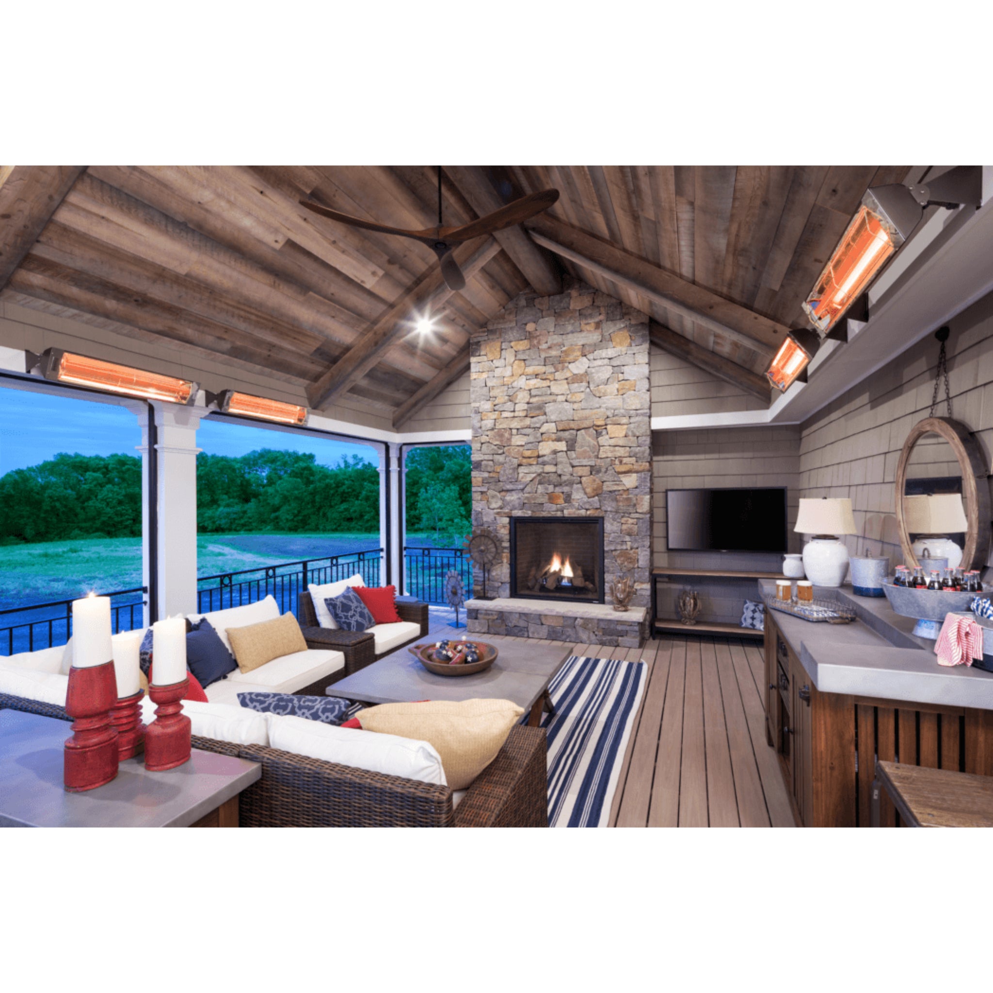 Infratech W Series single element heater mounted on a patio wall in a backyard covered patio area