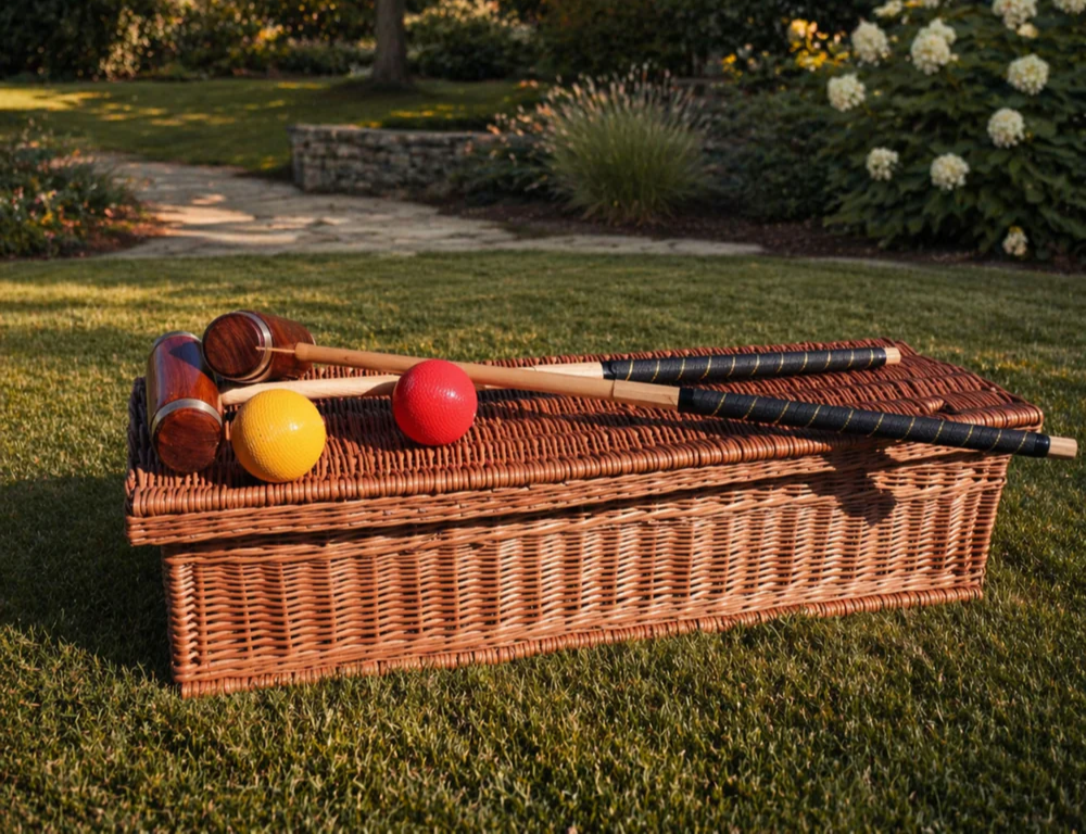 Luxury outdoor gathering space featuring premium lawn games and backyard entertainment