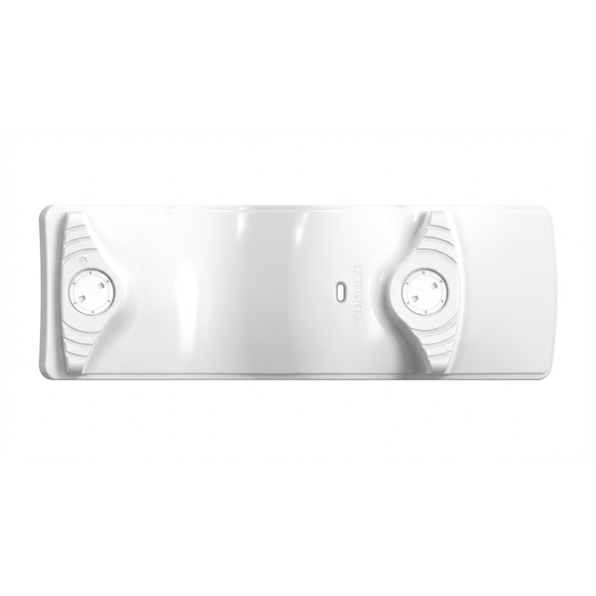 Bottom view of the Tupelo baja shelf lounge chair showing its two Quick-Flow fill and drain ports for fast in-pool setup and repositioning, engineered for water depths up to 9 inches, SKU 8902-700 in Highcloud White.