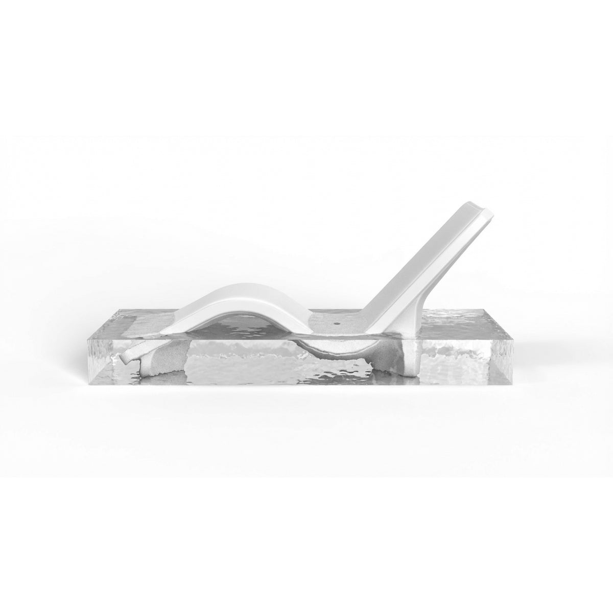 Side-profile render of the chaise resting in a shallow slab of water, its wave-form seat and sculpted backrest partially submerged to show the low-water clearance design, SKU 8902-700 in Highcloud White.