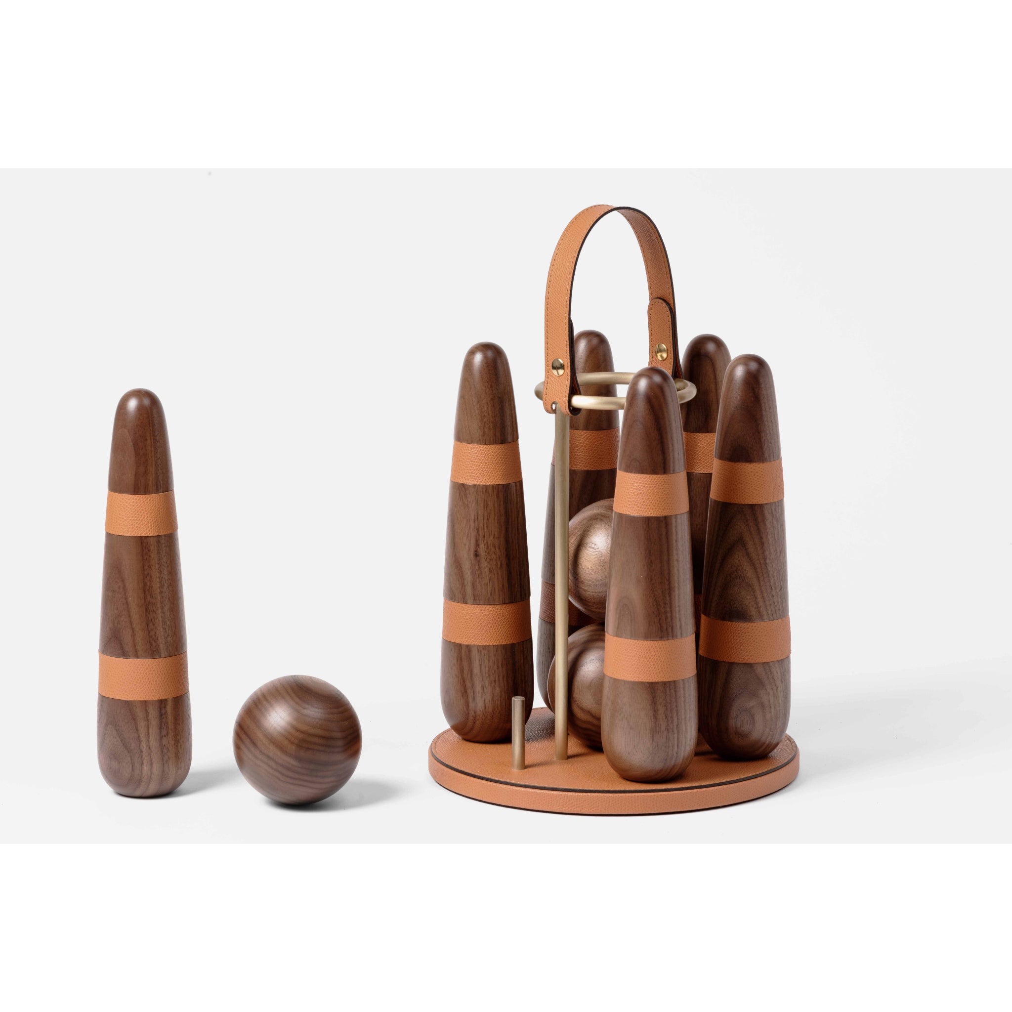Luxury Bowling Set in Canaletto Walnut & Italian Leather | Pinetti Collection - Lawn Bowling | Skittles - Pinetti